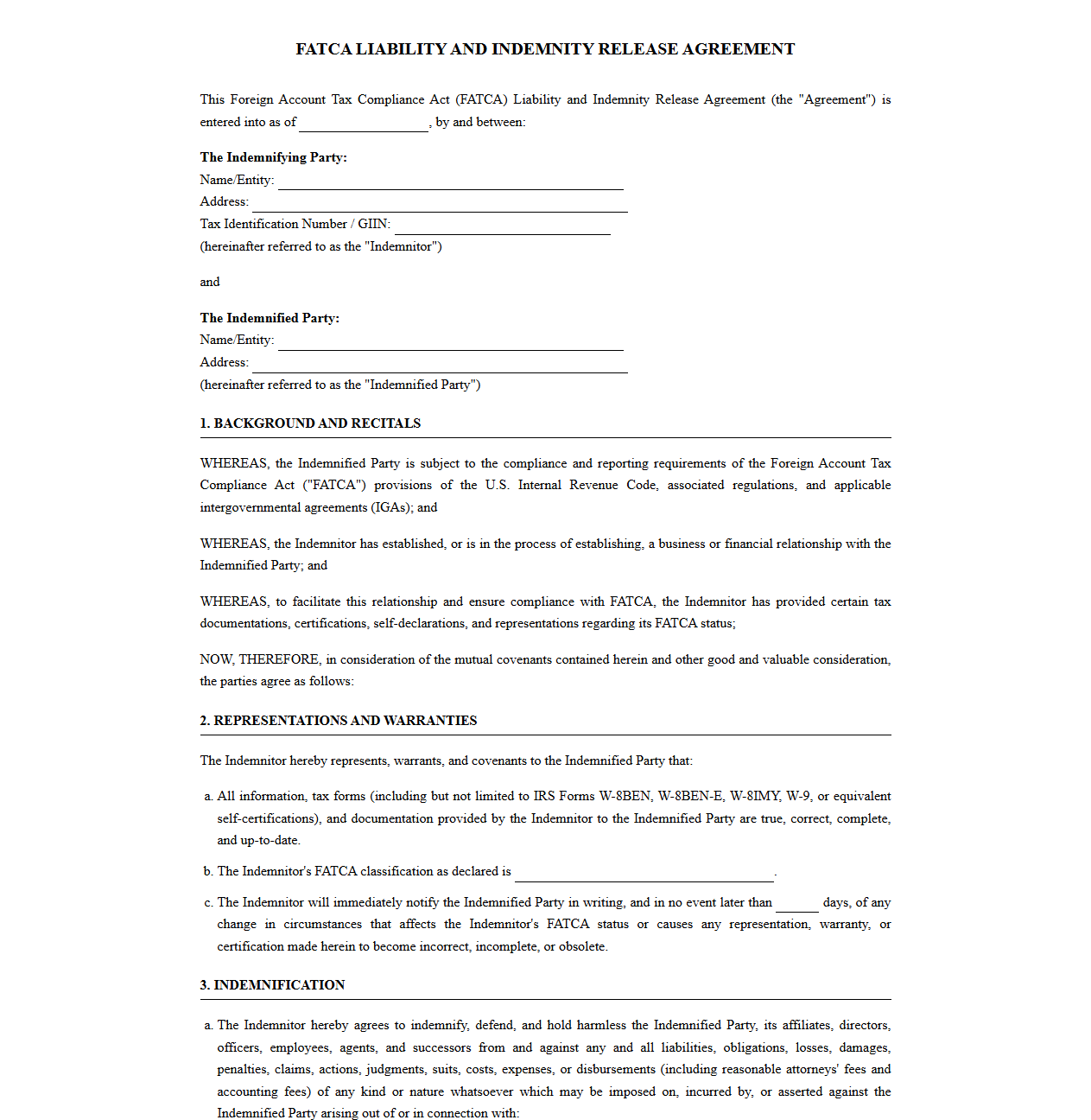FATCA Liability and Indemnity Release Agreement