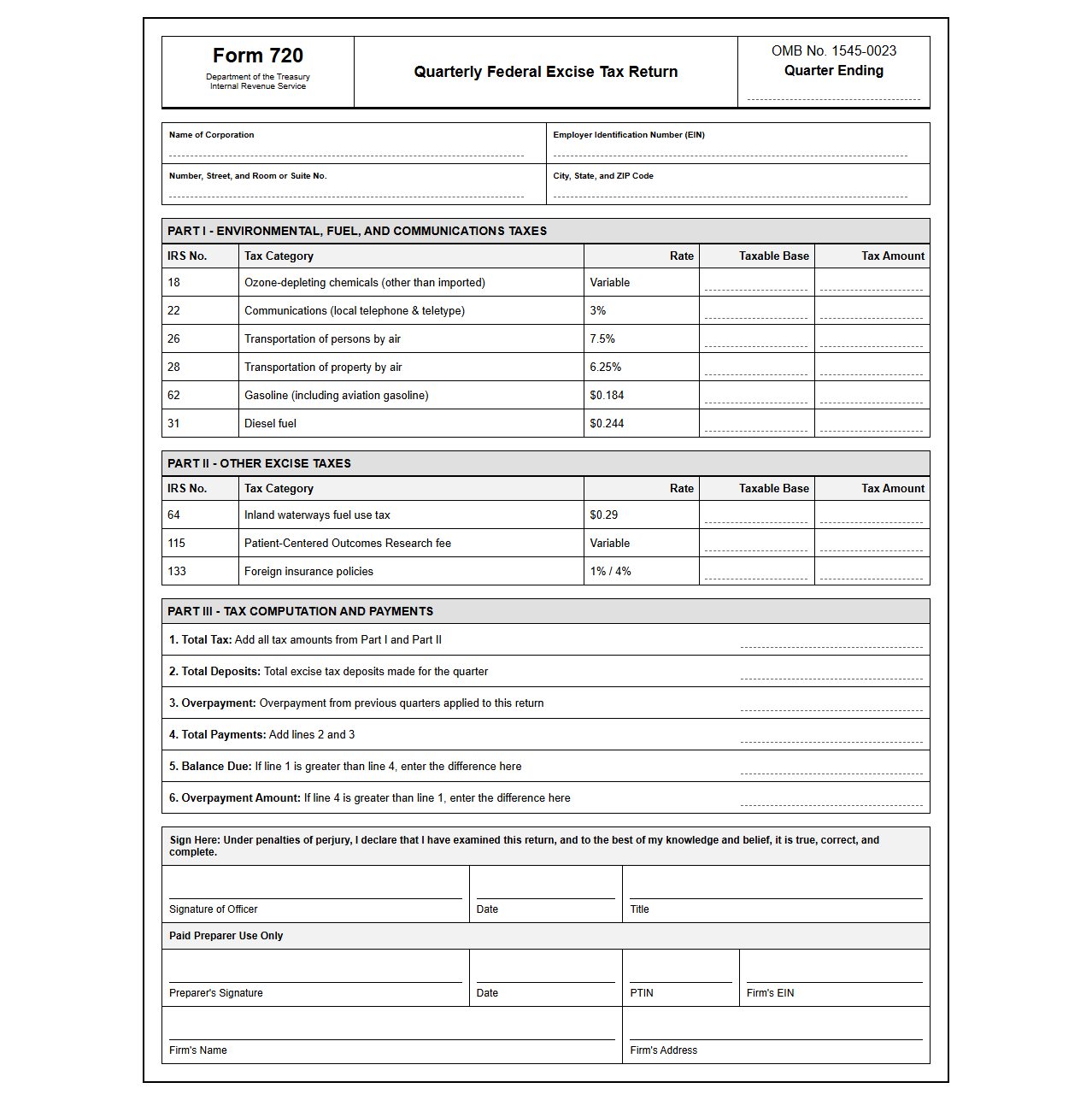 Federal Corporate Excise Tax Filing Form
