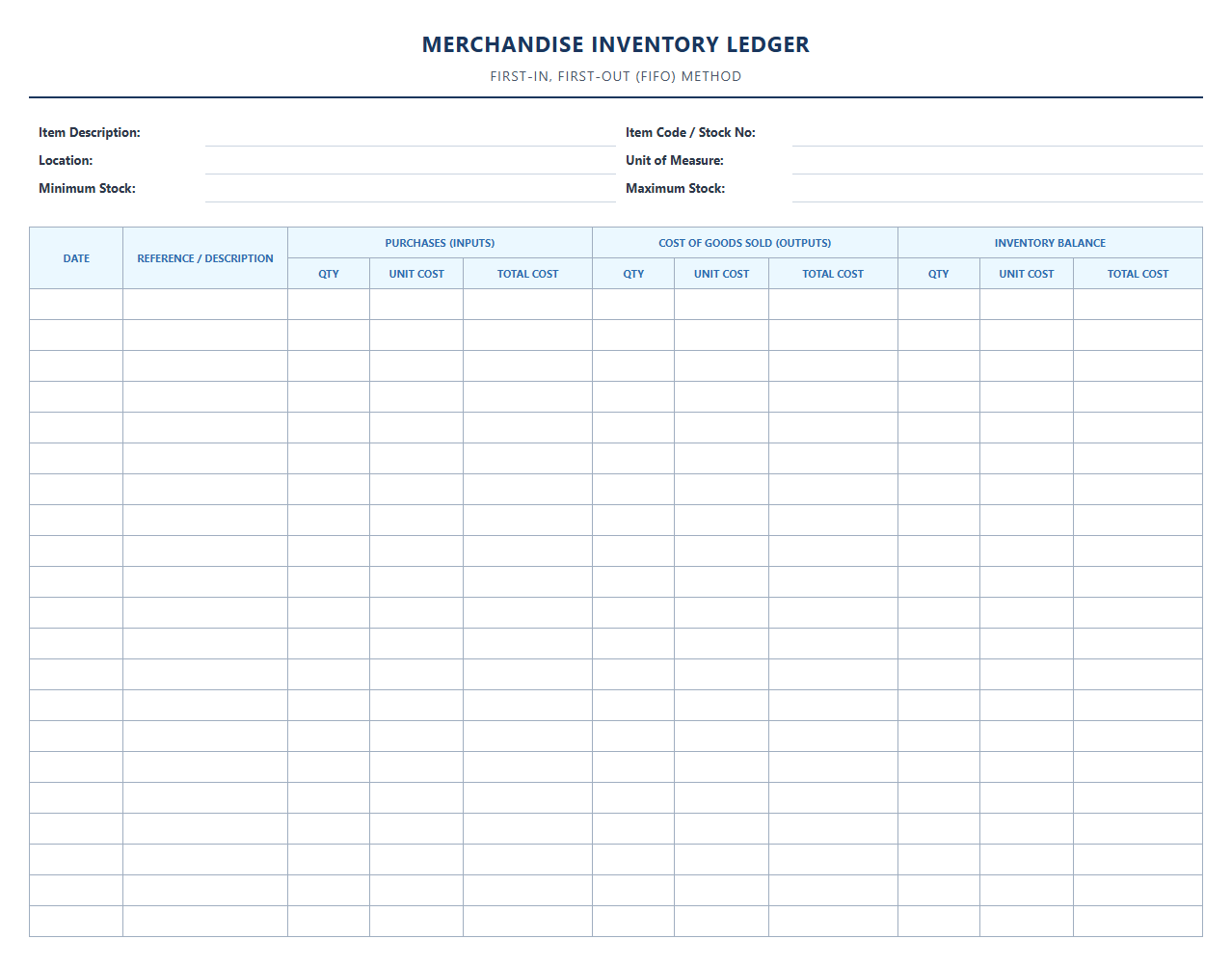 FIFO Method Merchandise Inventory Valuation Ledger