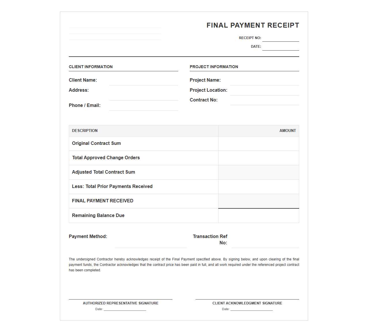 Final Construction Project Payment Receipt Template
