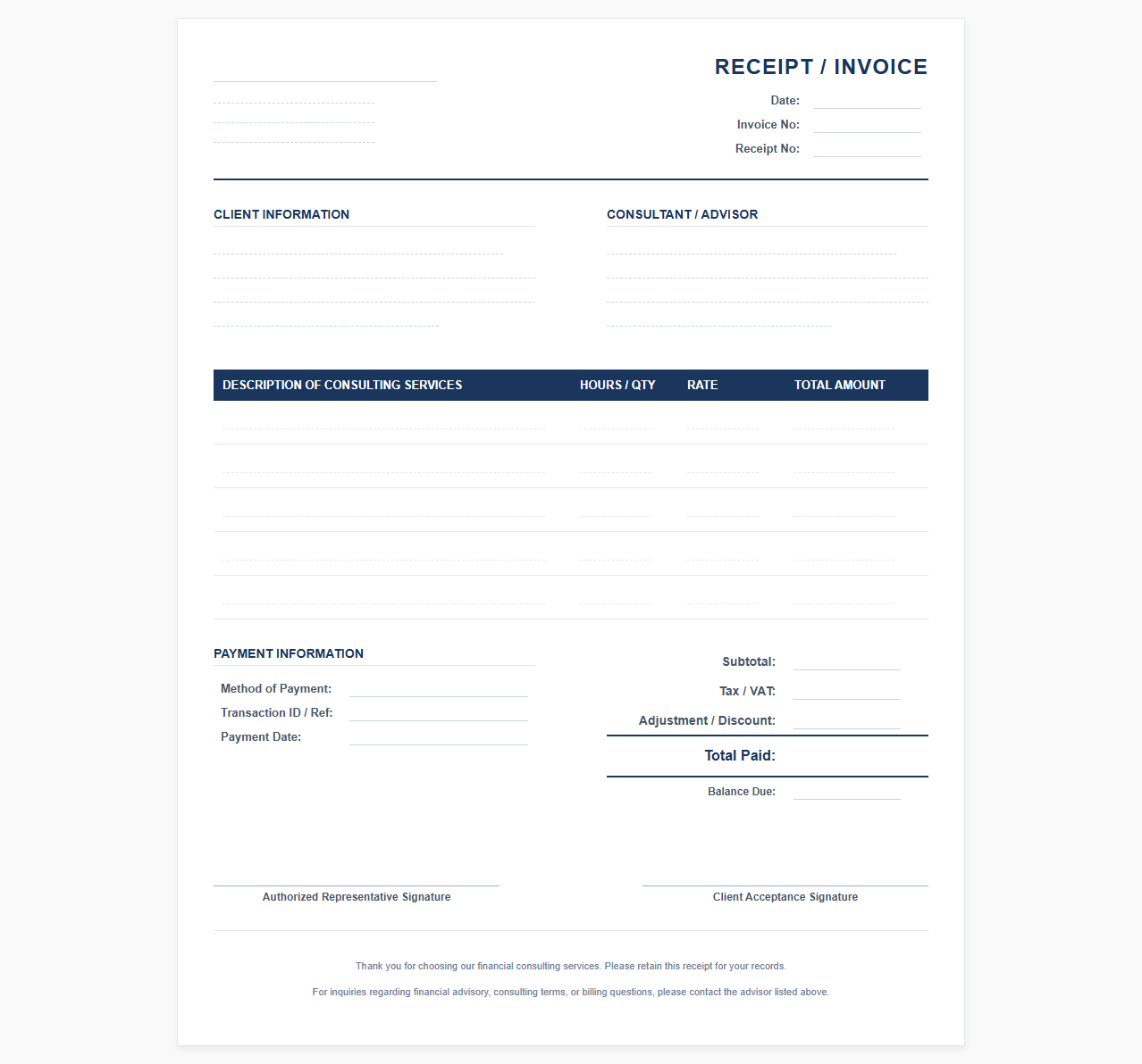 Financial Consulting Services Invoice Receipt