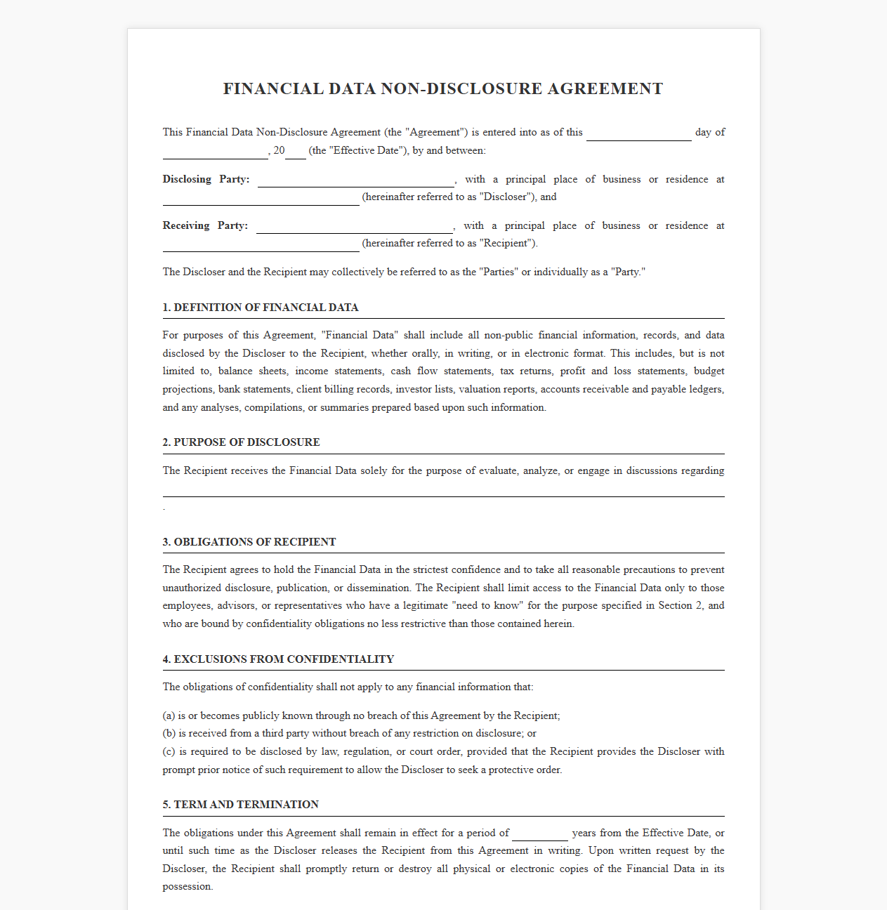 Financial Data Non-Disclosure Agreement Form