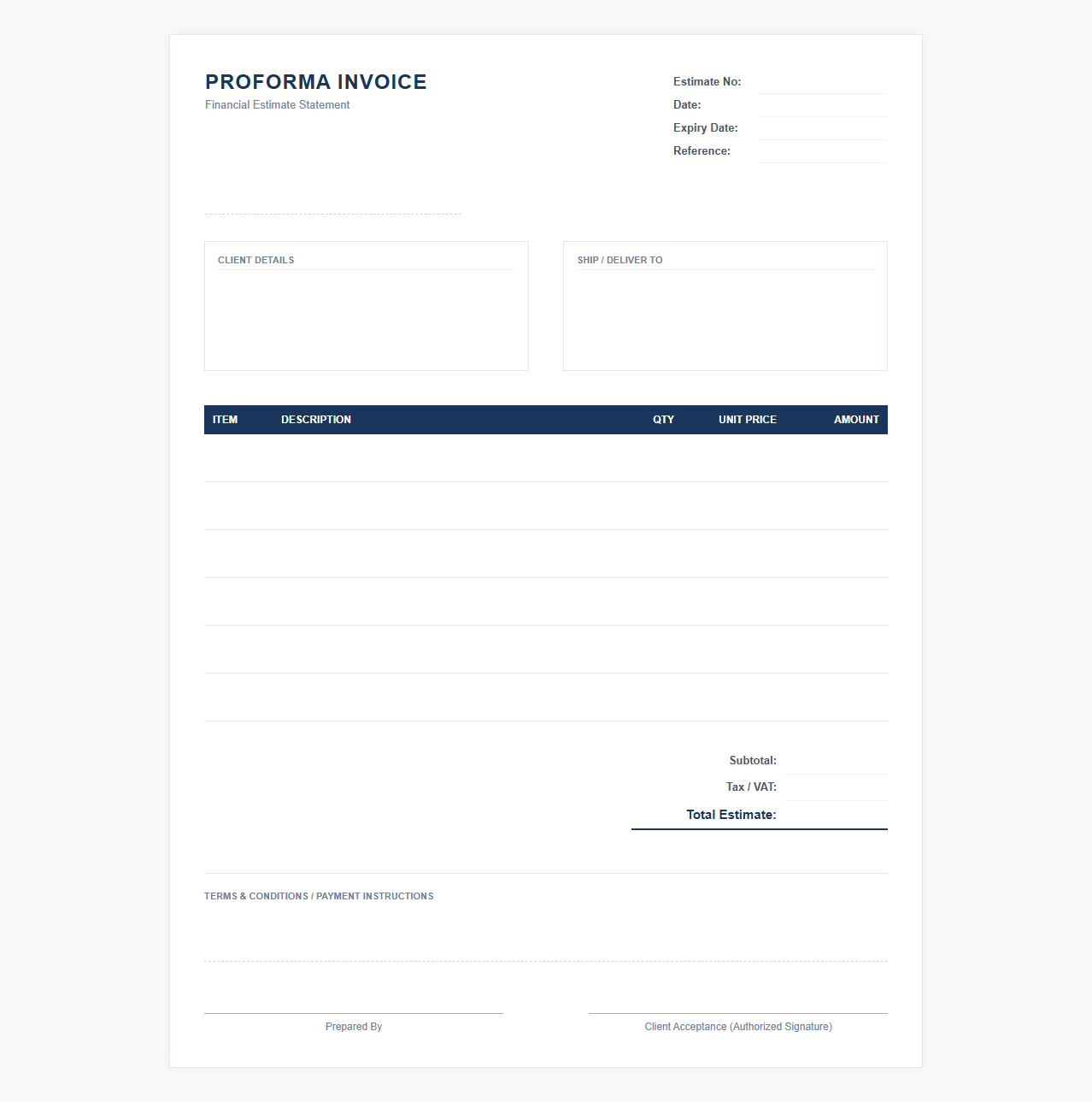 Financial Estimate Statement Proforma Invoice Template