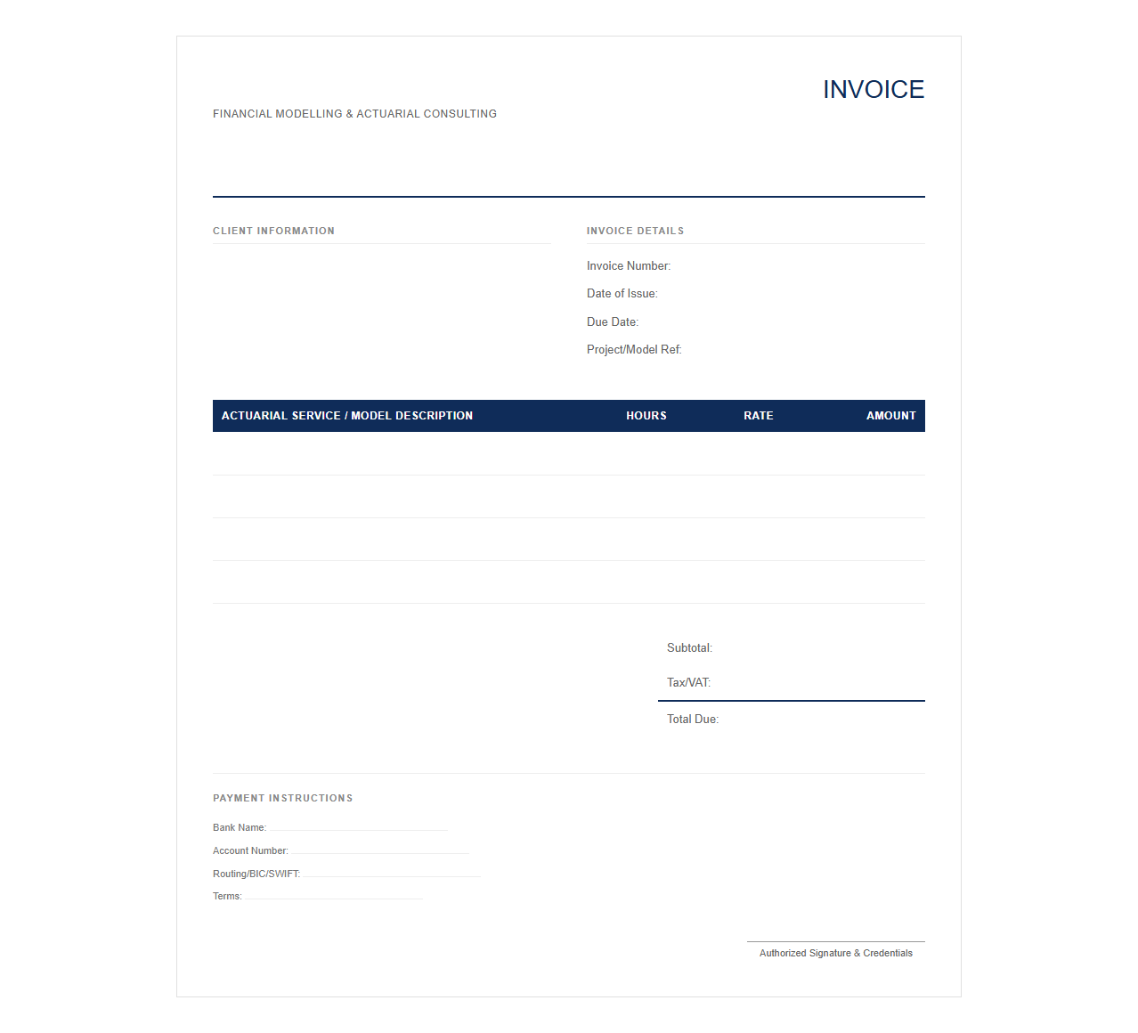 Financial Modelling Actuarial Invoice Template