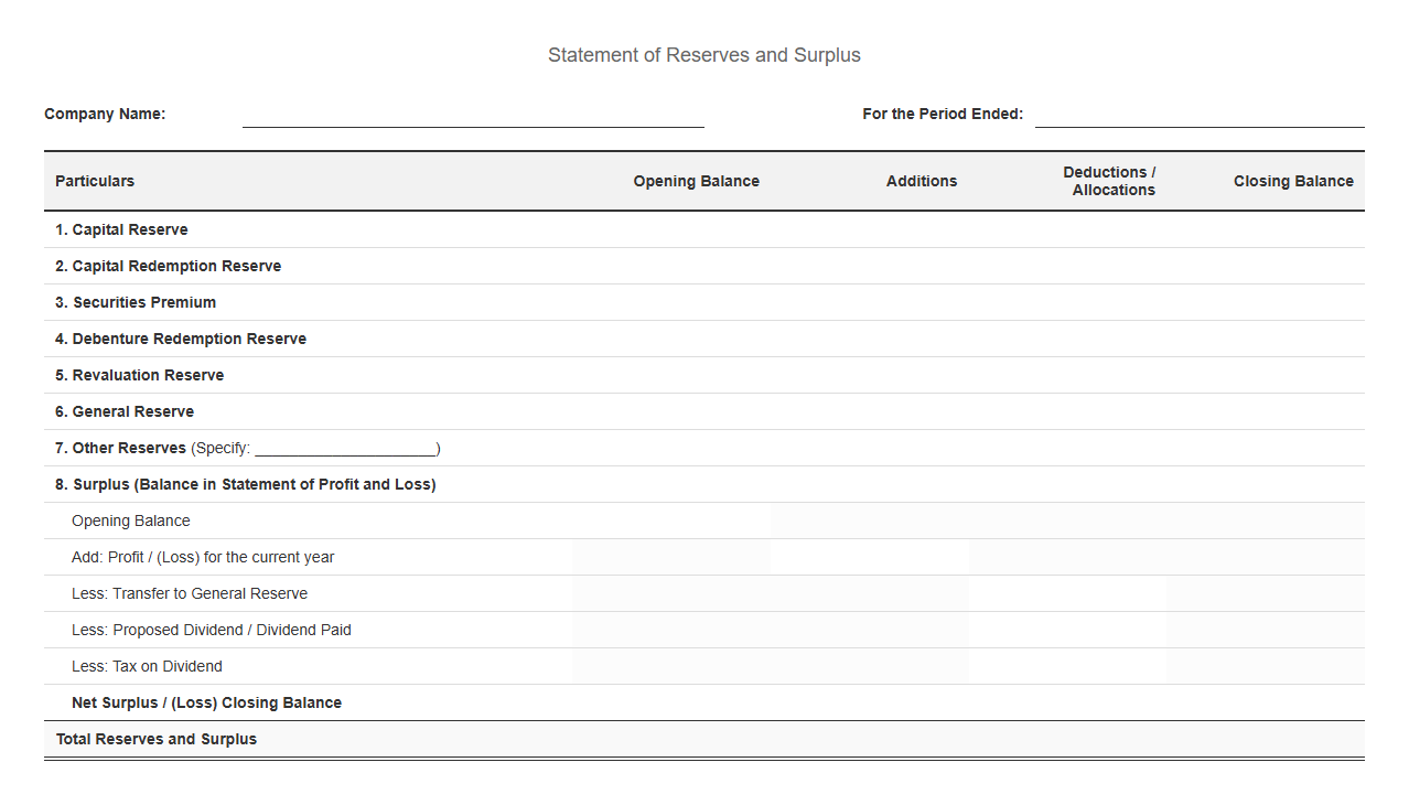 Financial Statement Template for Reserves and Surplus