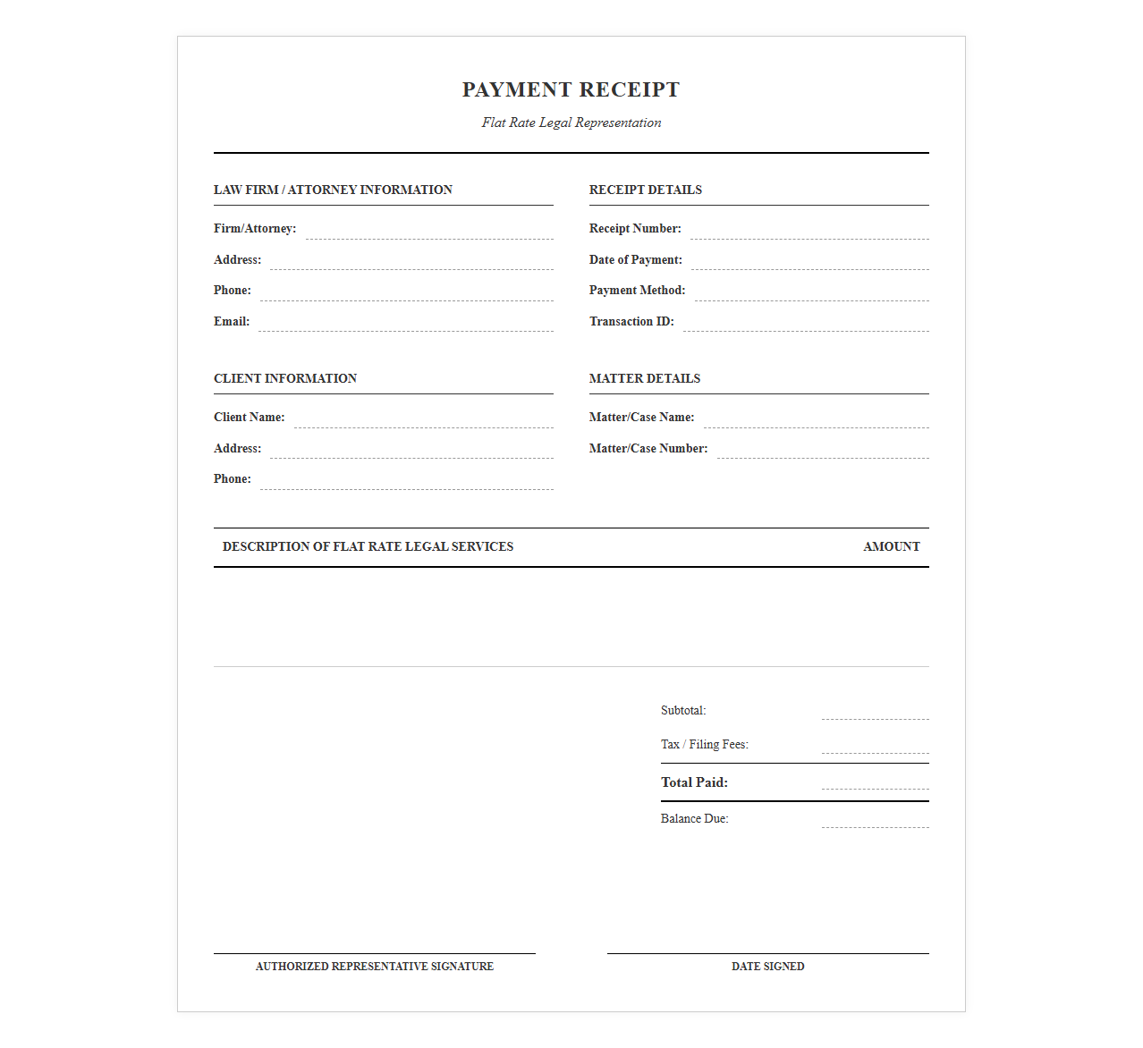 Flat Rate Legal Representation Payment Receipt