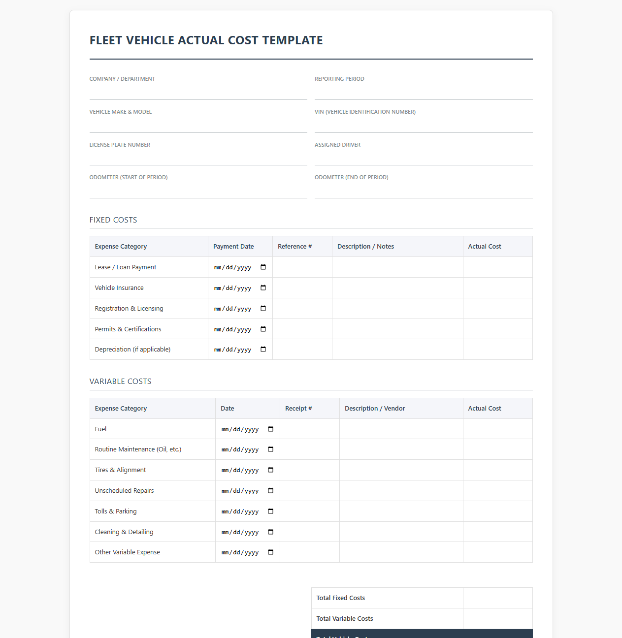 Fleet Vehicle Actual Cost Template