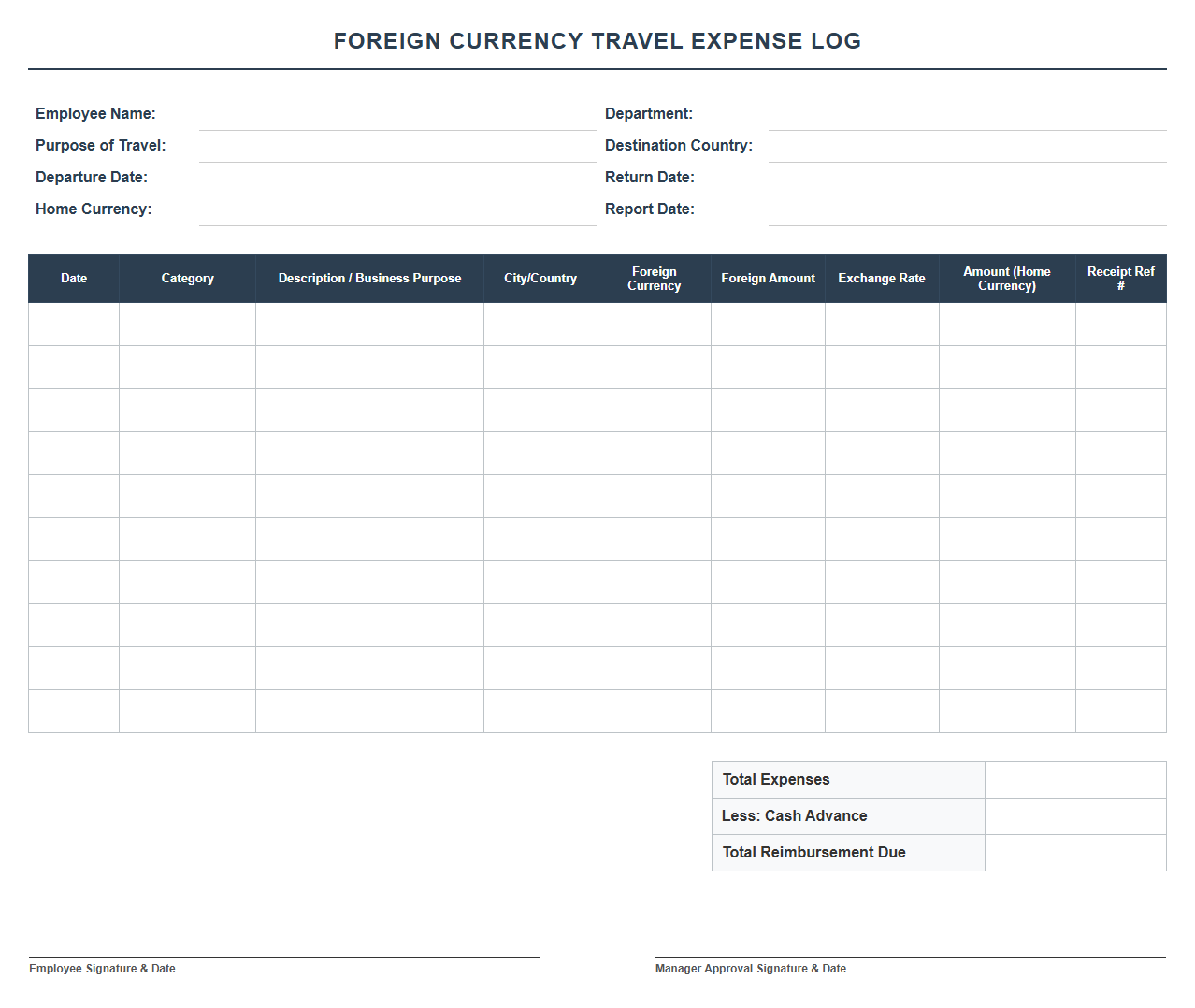Foreign Currency Travel Expense Log