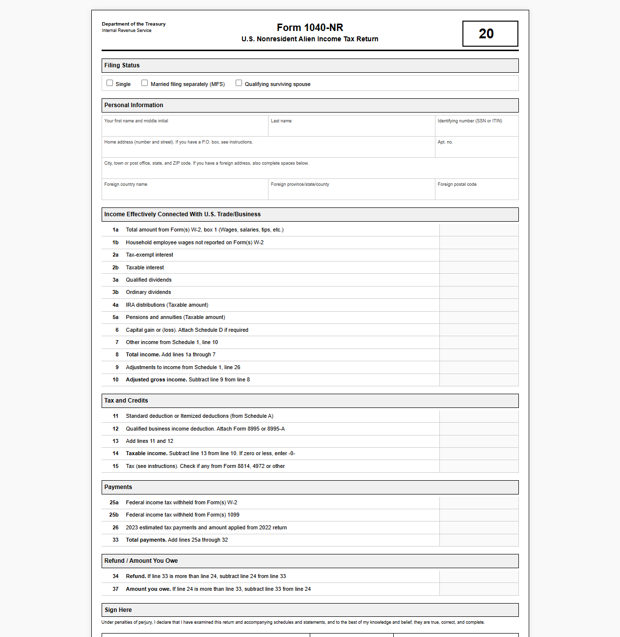 Form 1040-NR Tax Return Template