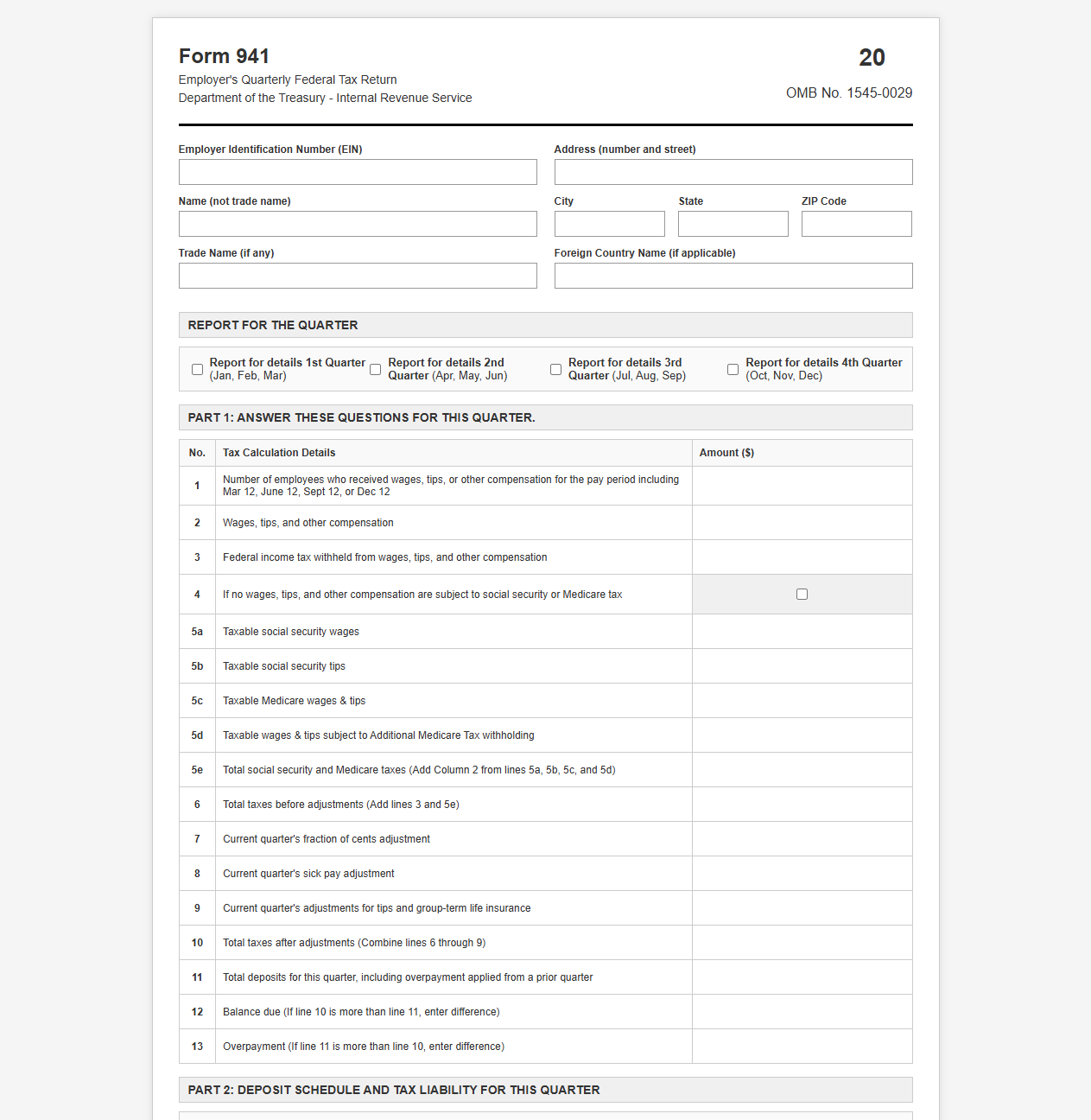 Form 941 Employer's Quarterly Tax Filing Template