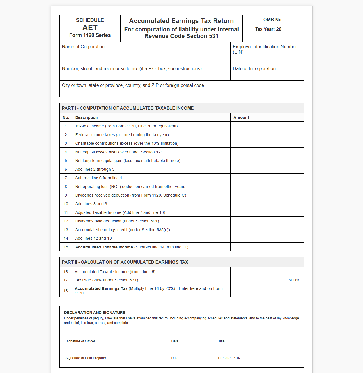 Form for Corporate Accumulated Earnings Tax Return