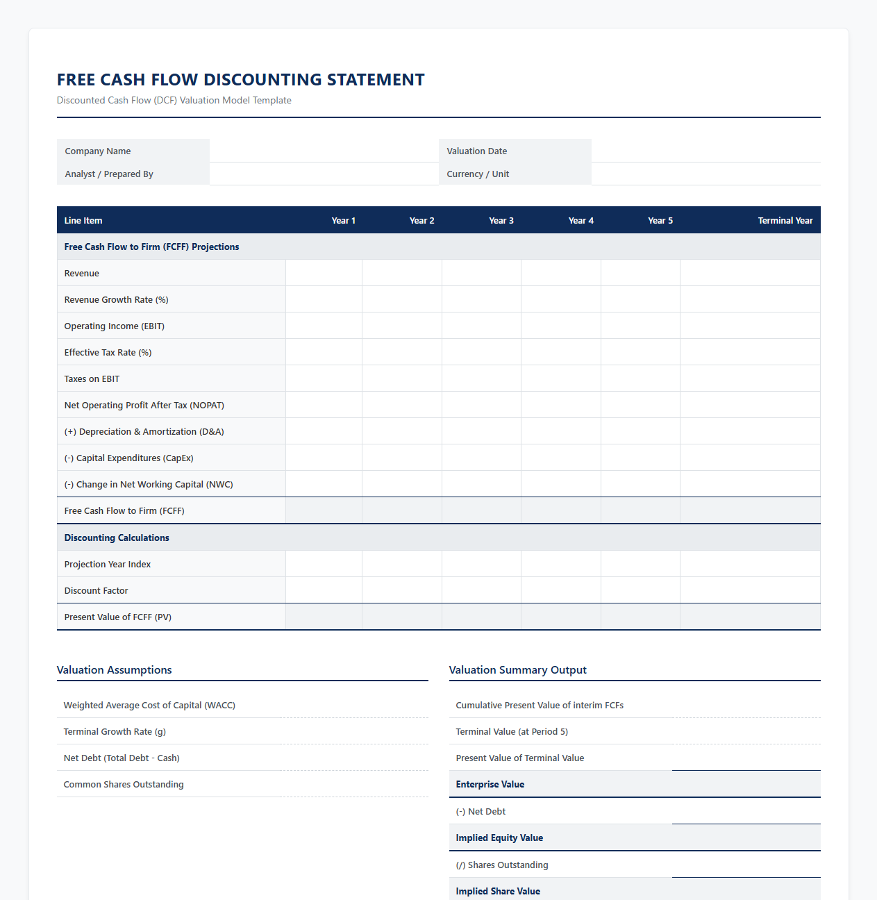 Free Cash Flow Discounting Statement Template