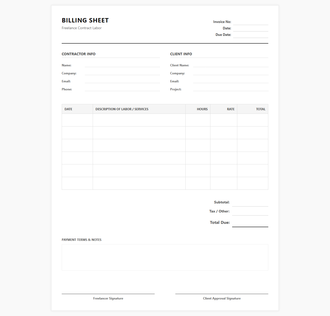 Freelance Contract Labor Billing Sheet