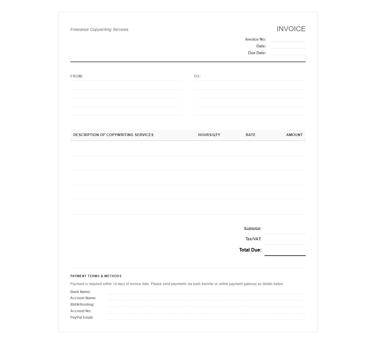 Freelance Copywriting Services Invoice Template