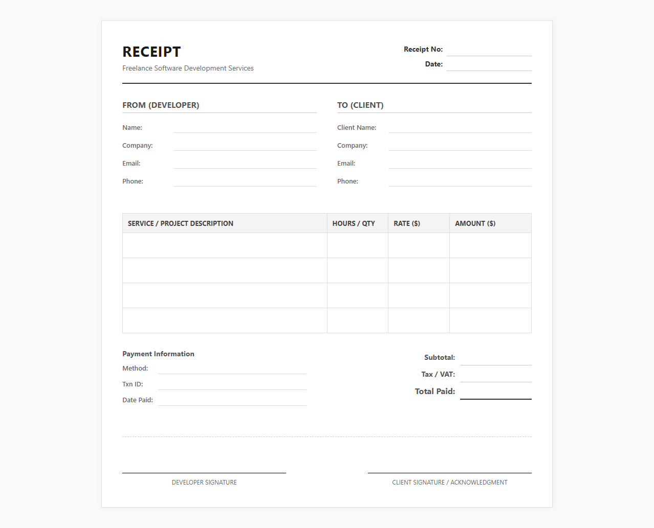 Freelance Software Developer Service Receipt