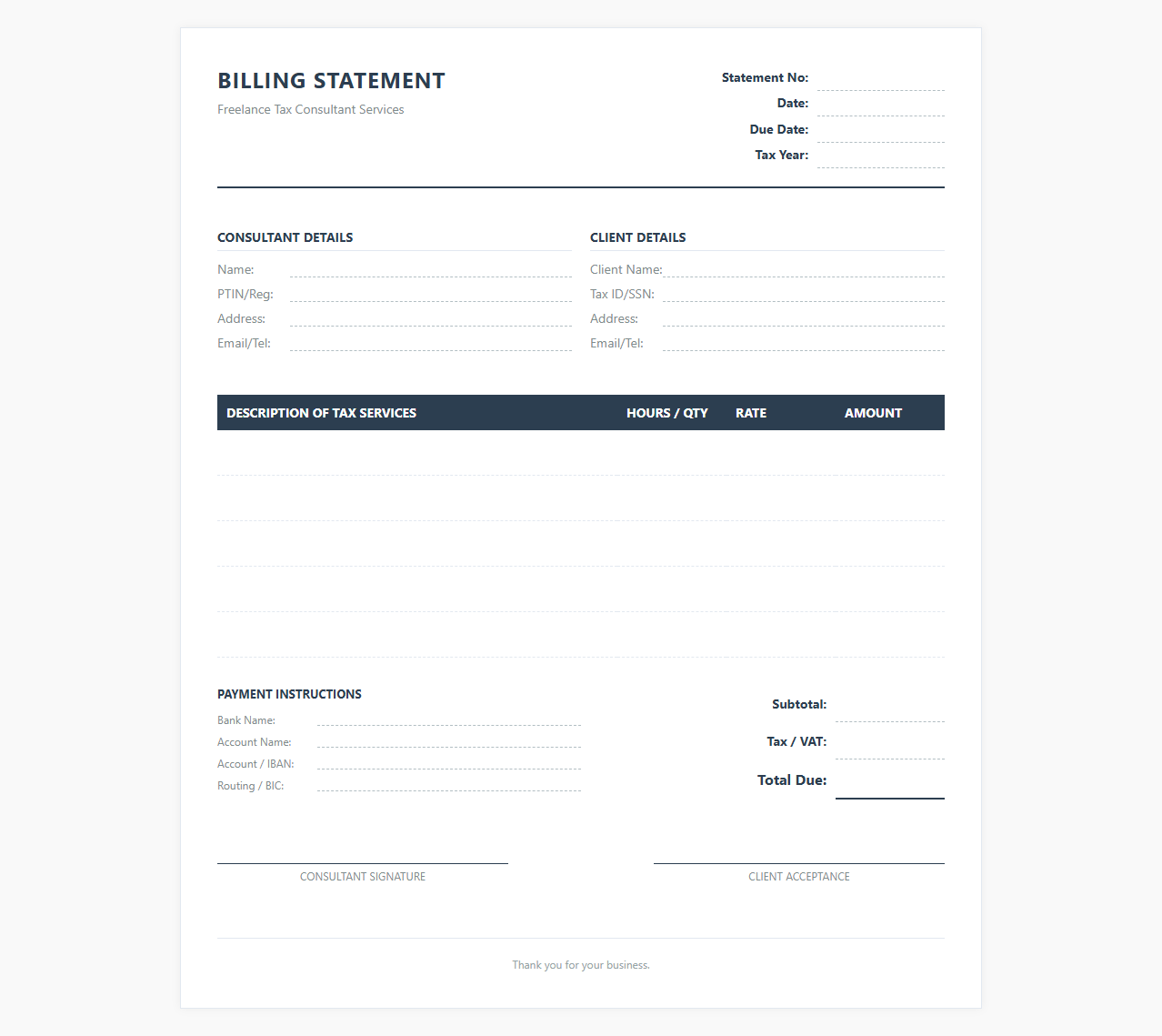 Freelance Tax Consultant Billing Statement