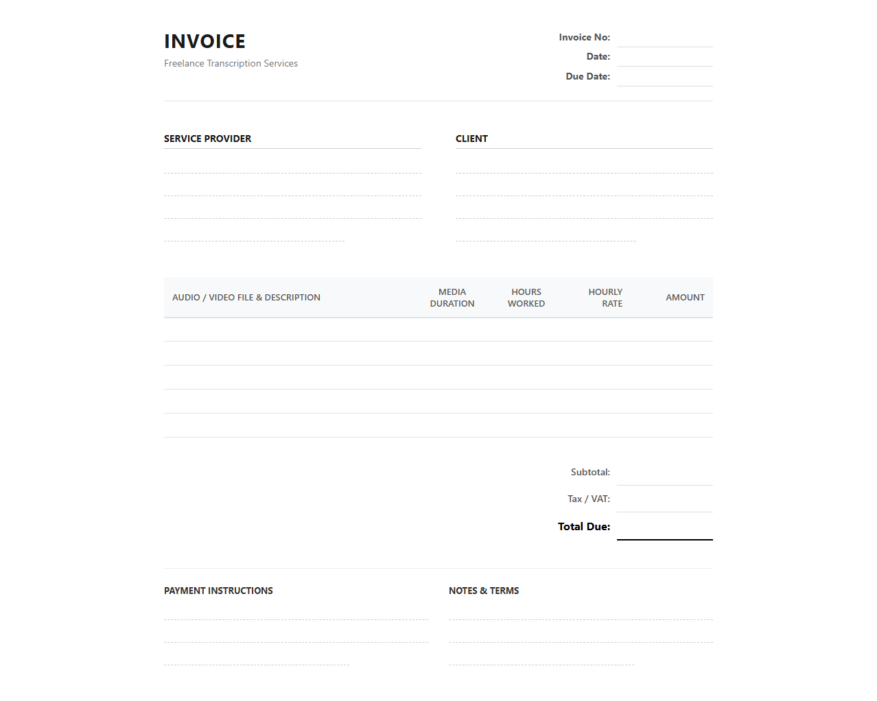 Freelance Transcriptionist Hourly Rate Invoice
