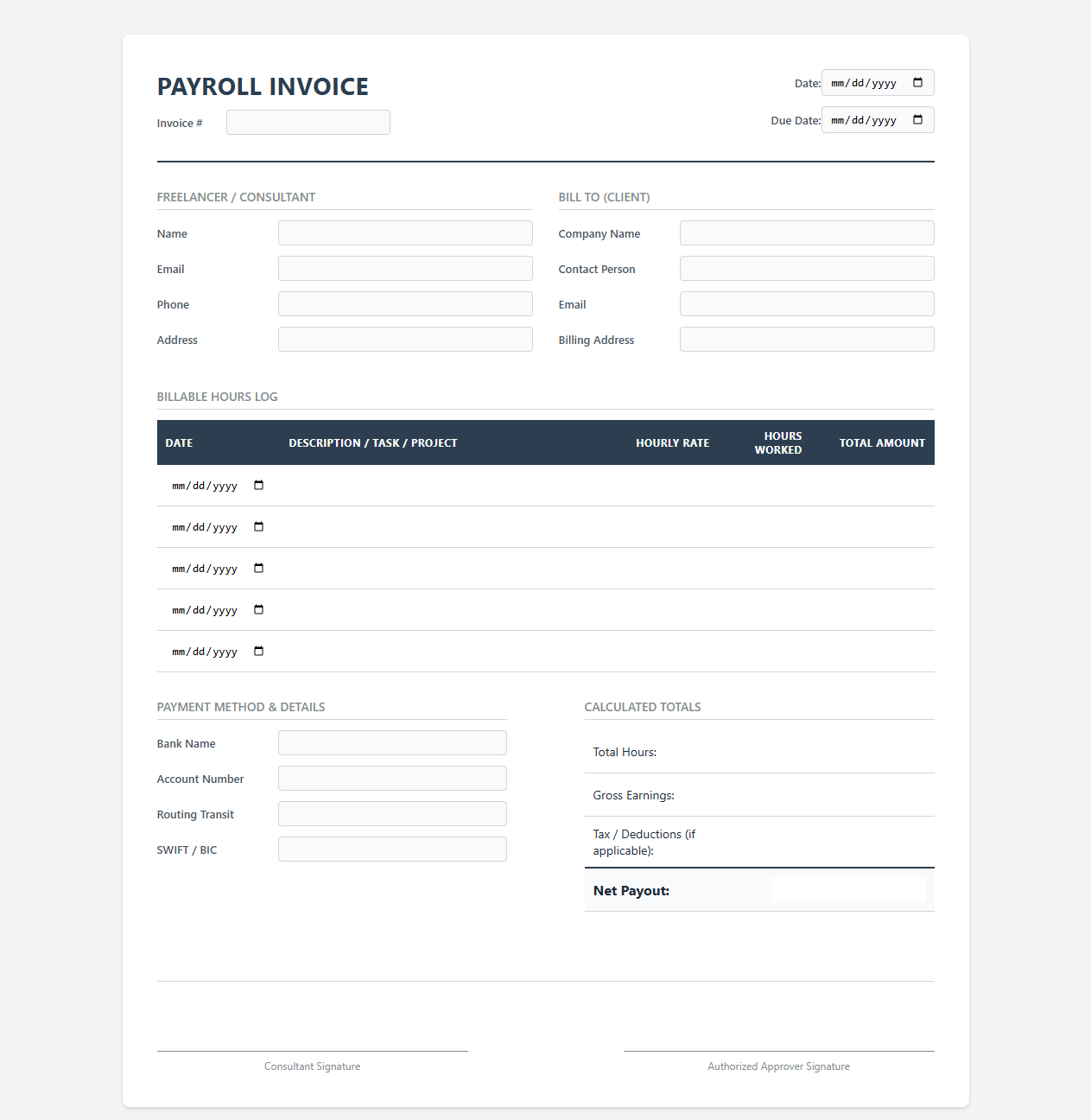 Freelancer Billable Hours Payroll Calculator