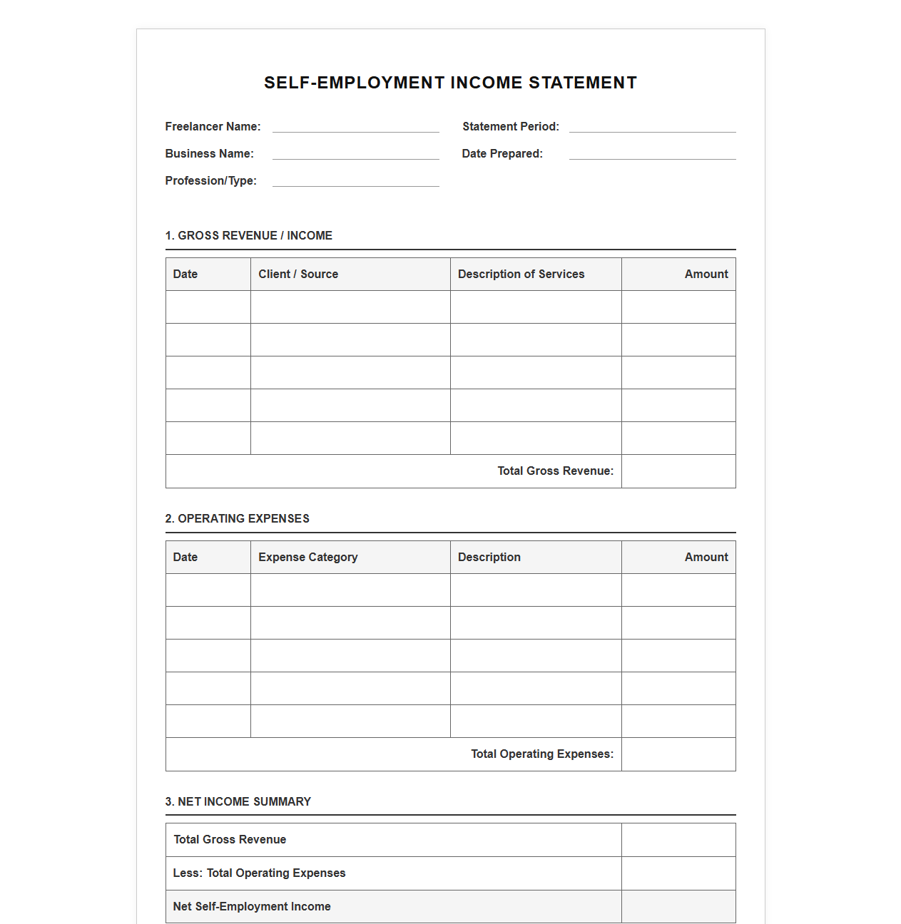Freelancer Income Statement Template