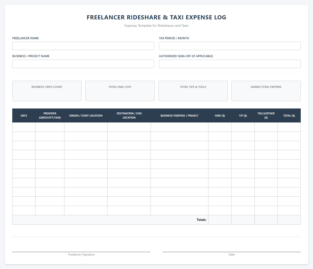 Freelancer Rideshare Expense Spreadsheet
