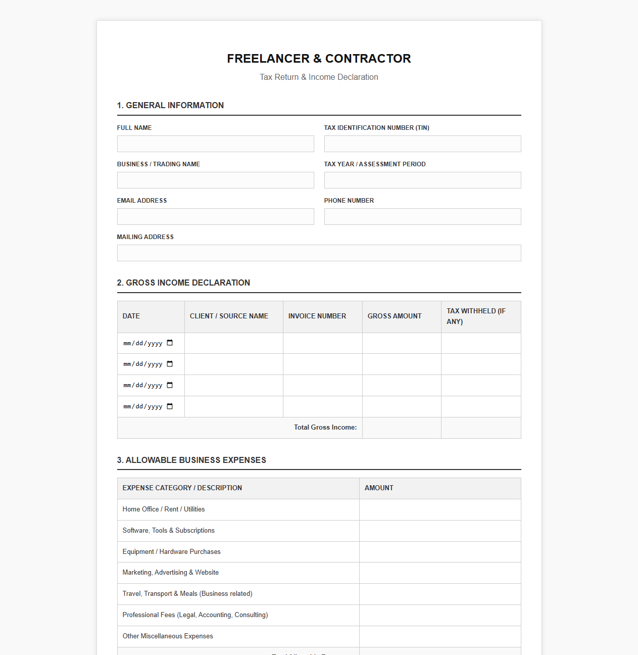 Freelancer Tax Return and Income Declaration Template