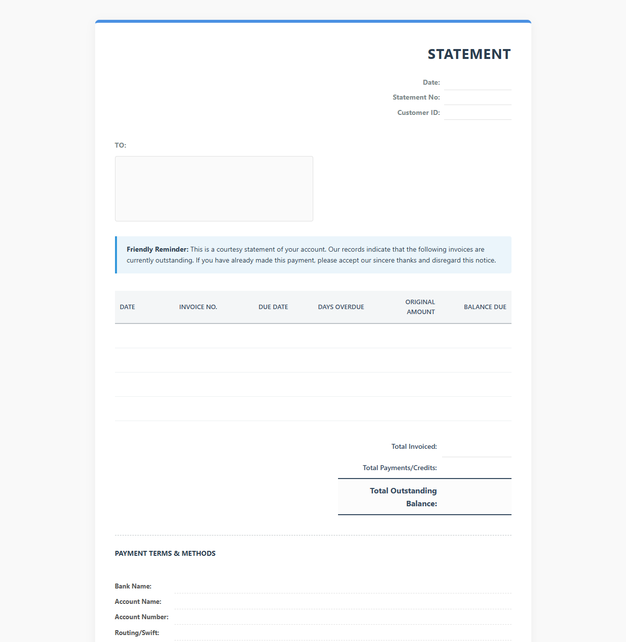 Friendly Reminder Outstanding Invoice Statement