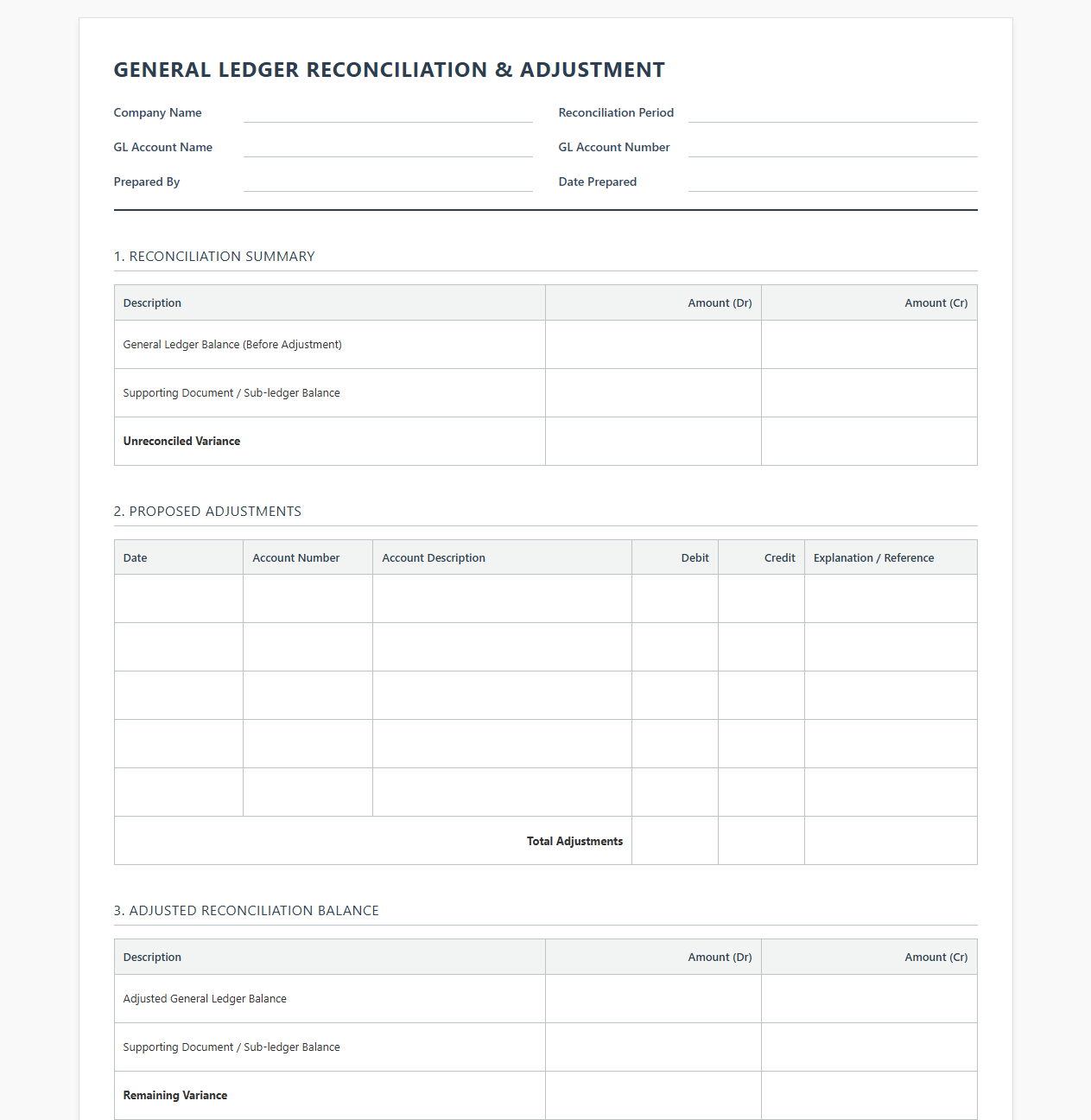 General Ledger Reconciliation and Adjustment Template