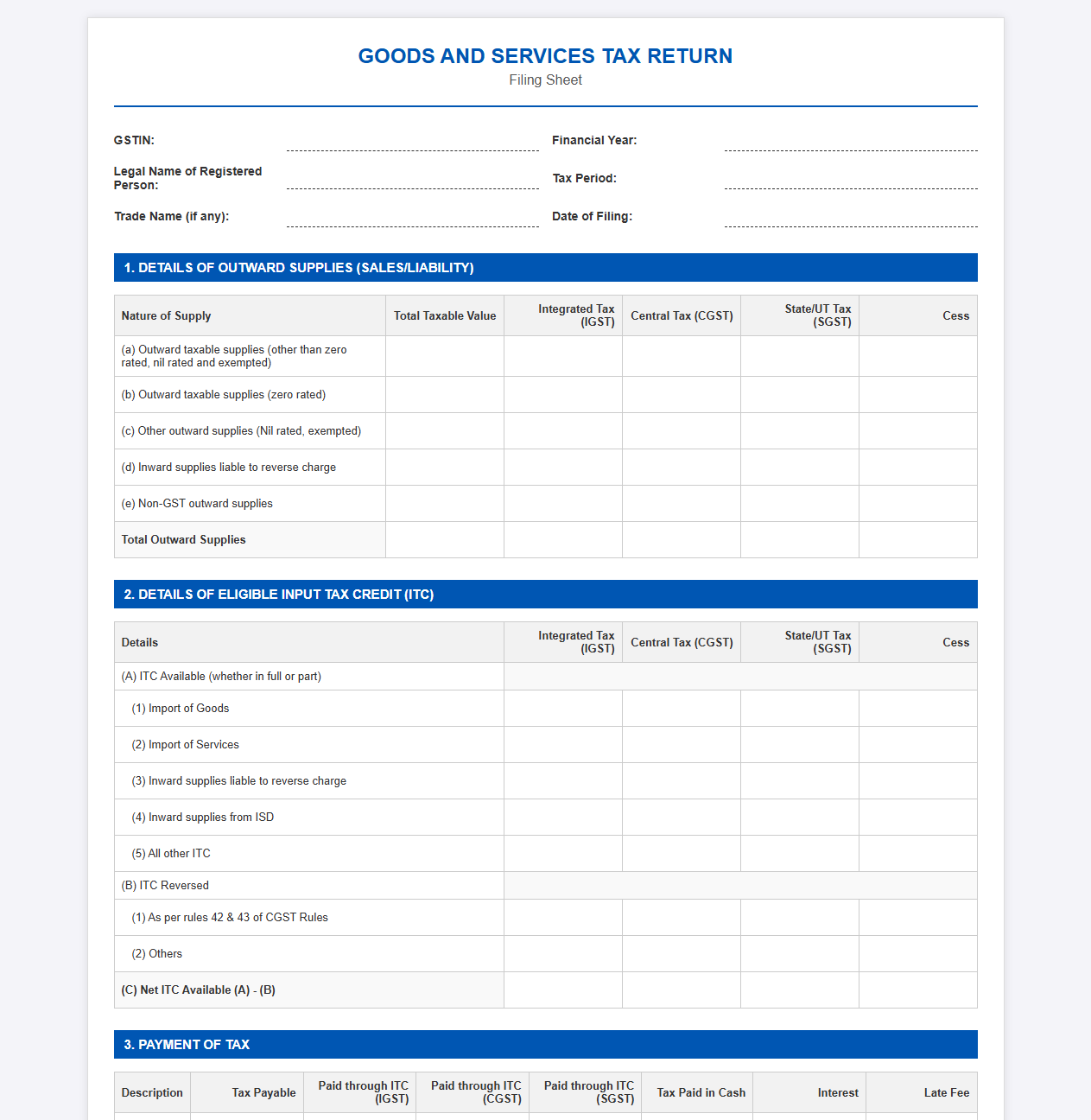Goods and Services Tax Return Filing Sheet