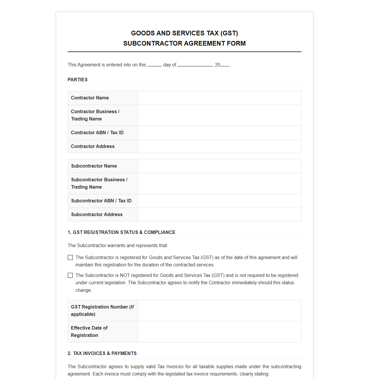 Goods and Services Tax Subcontractor Agreement Form