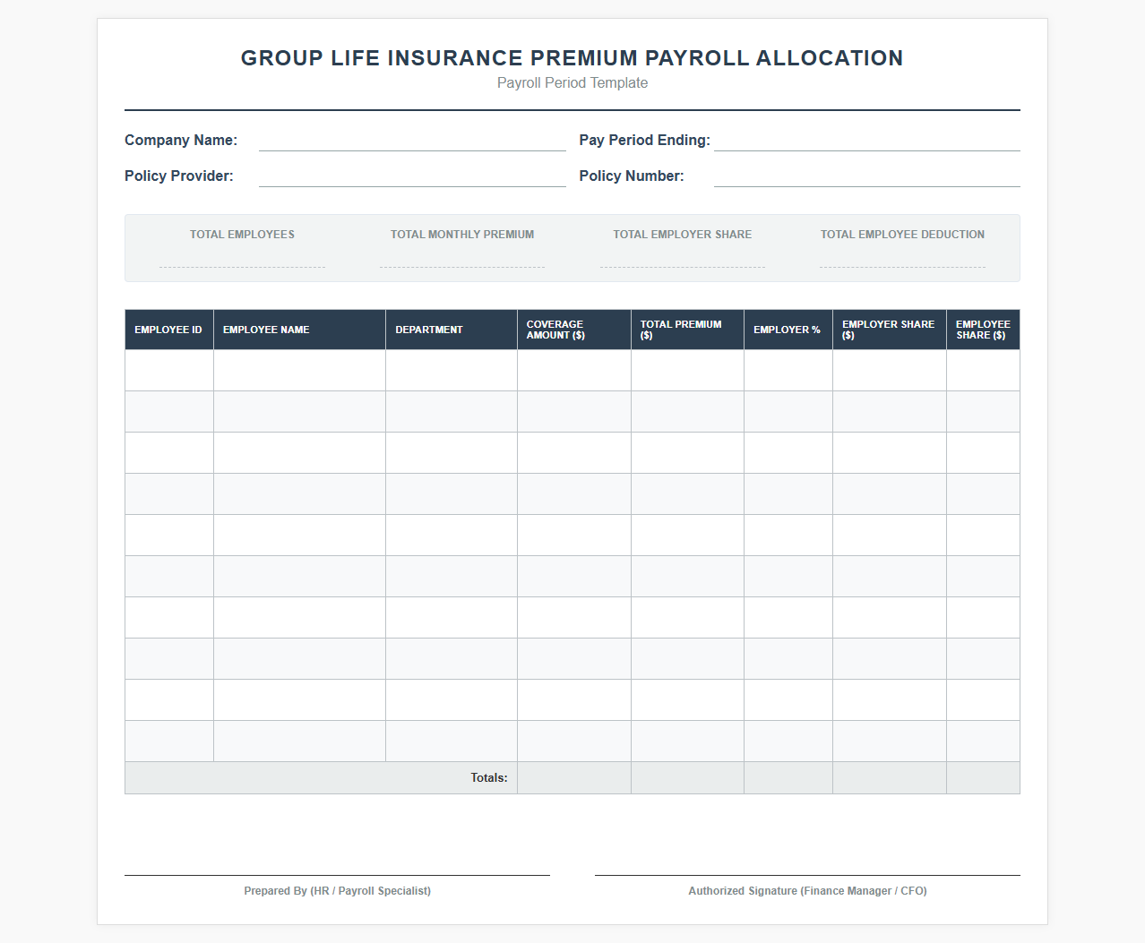 Group Life Insurance Premium Payroll Allocation Template