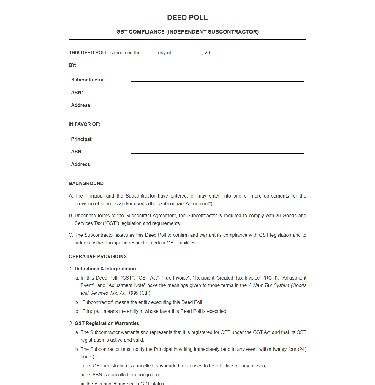 GST Compliance Deed Poll for Independent Subcontractors