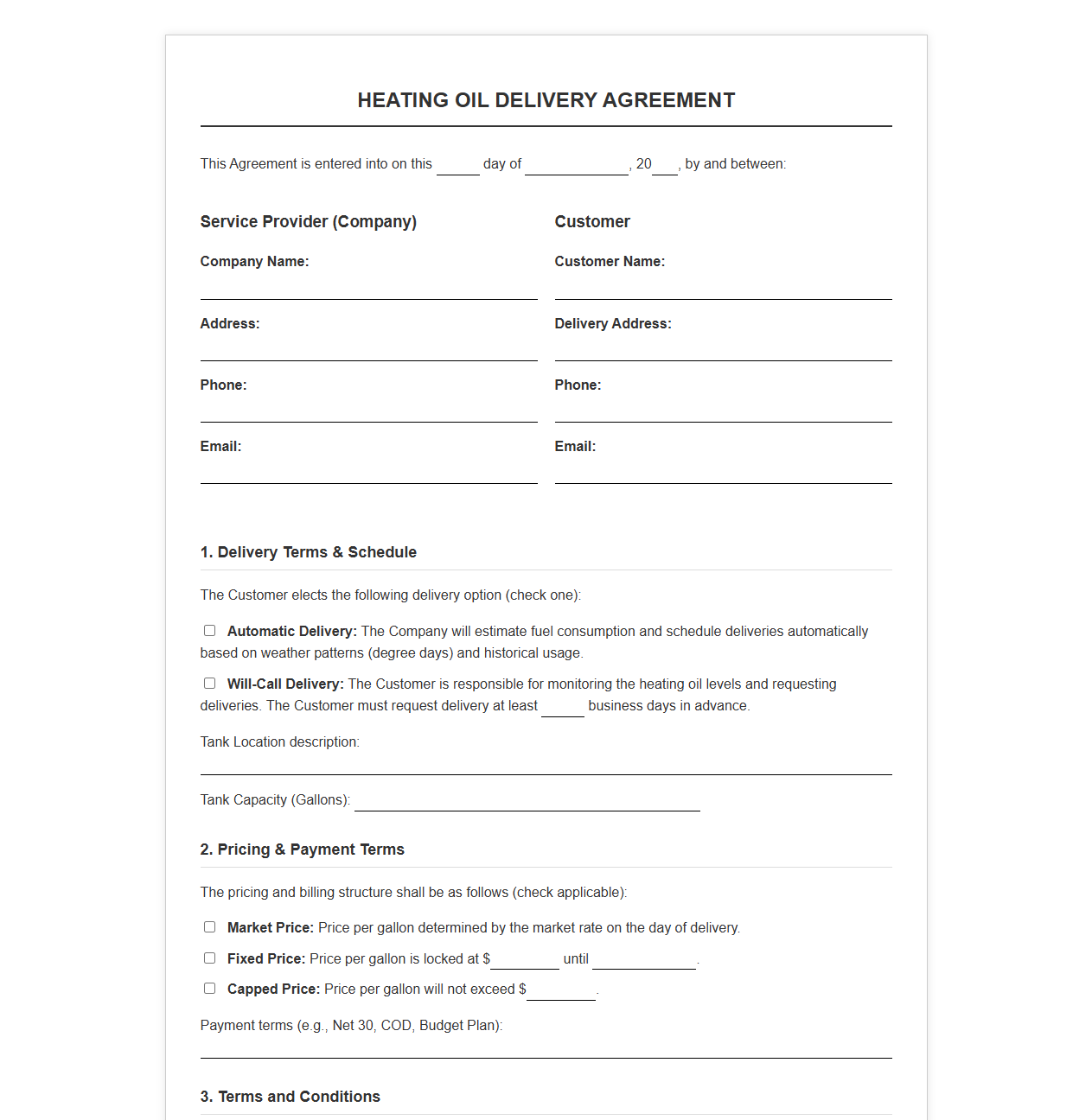 Heating Oil Delivery Agreement