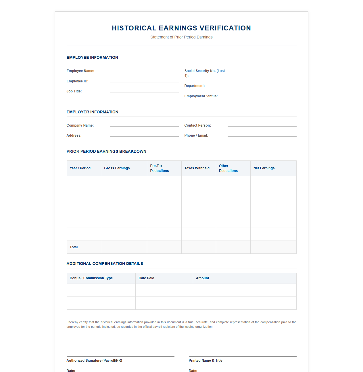 Historical Earnings Verification Document Template