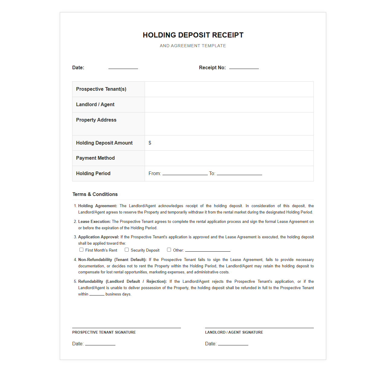 Holding Deposit Receipt and Agreement Template