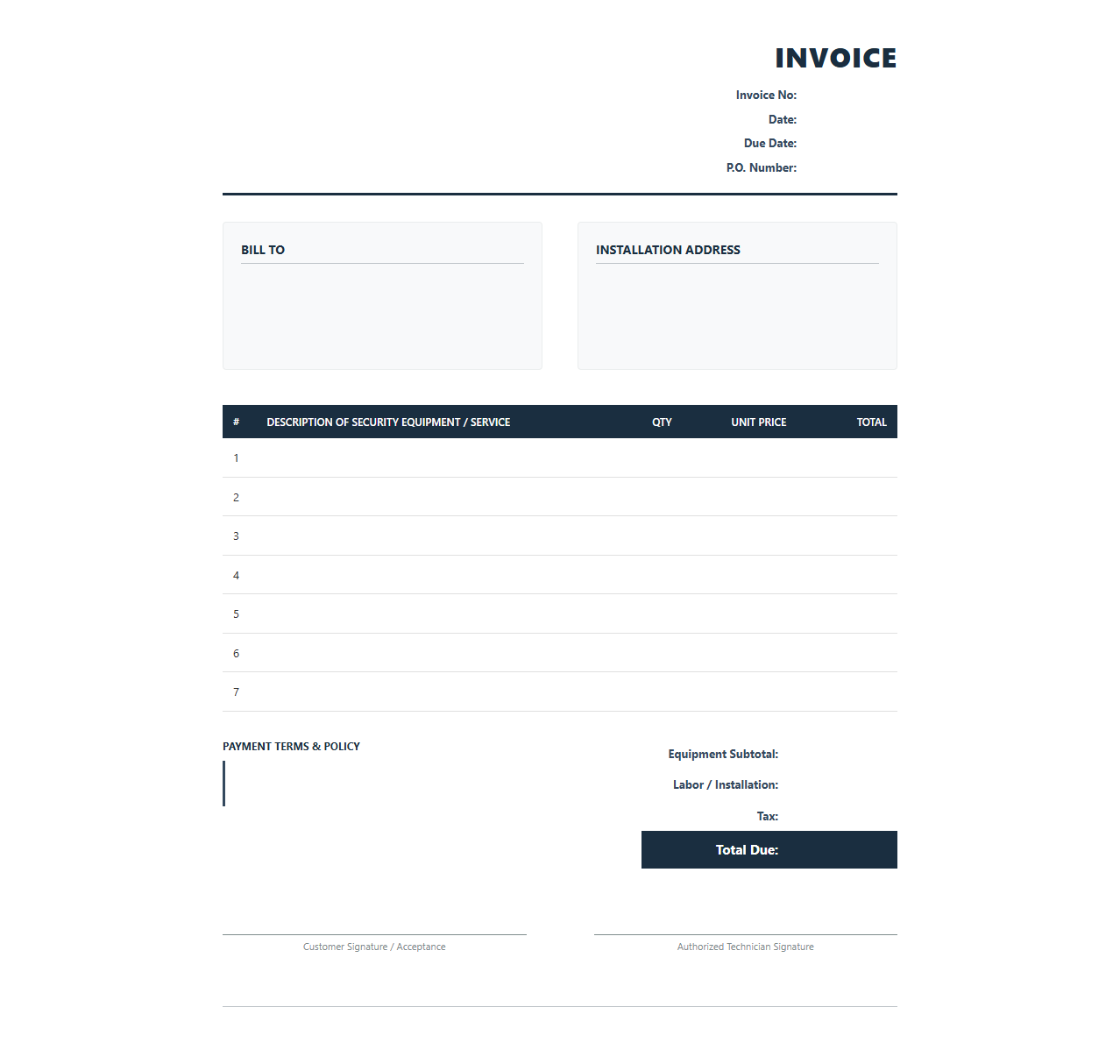 Home Security System Installation Invoice