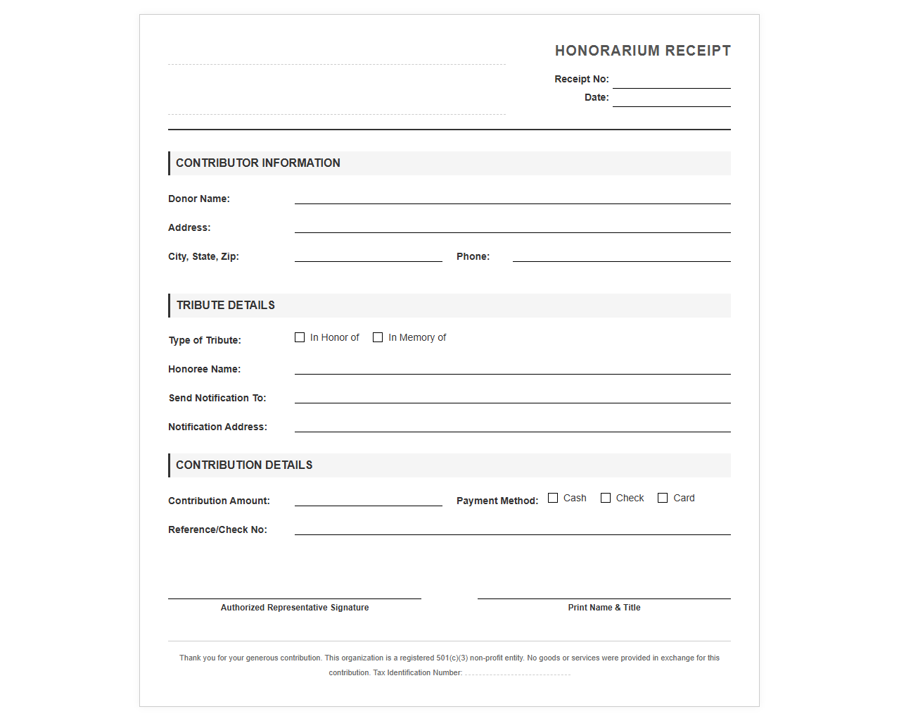 Honorarium Contribution Receipt Template