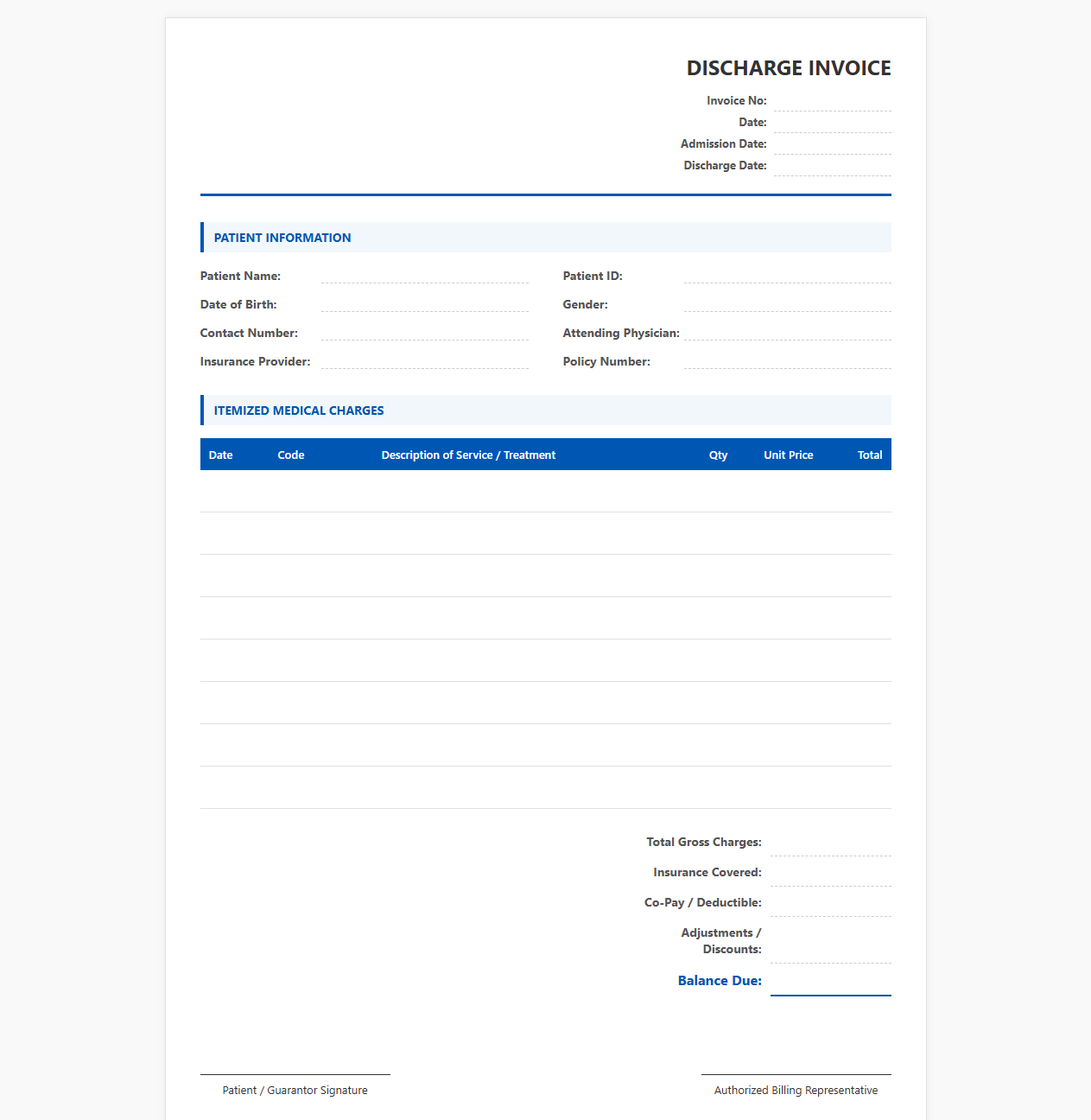 Hospital Patient Discharge Invoice