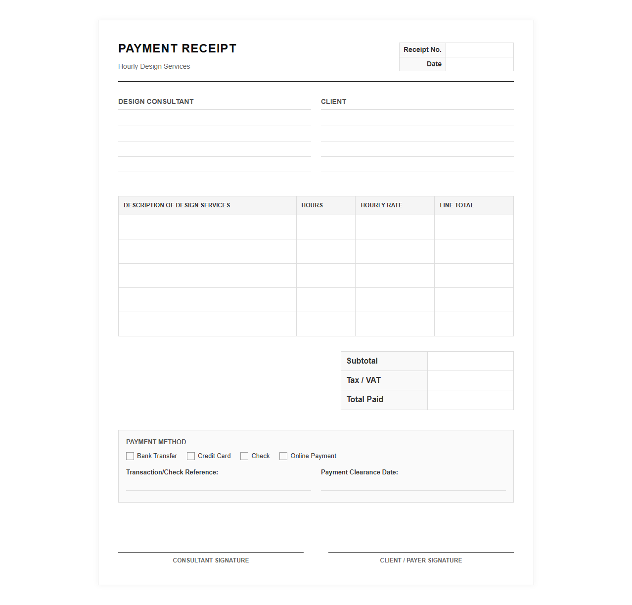 Hourly Design Consultant Payment Receipt Document