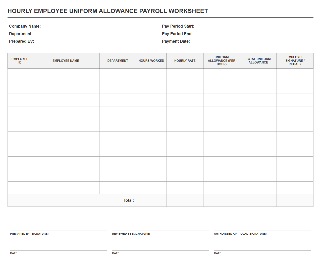 Hourly Employee Uniform Allowance Payroll Worksheet