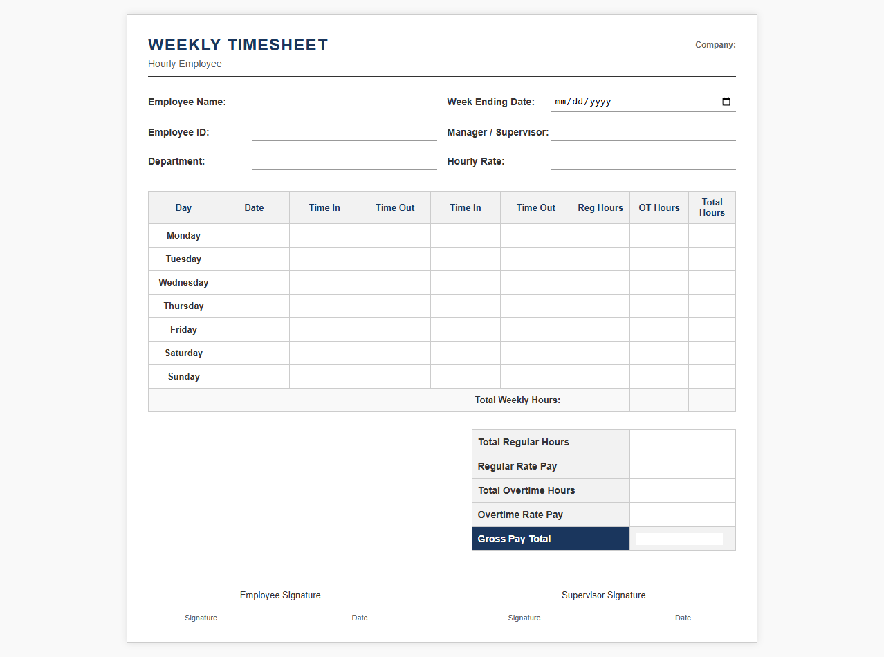 Hourly Employee Weekly Timesheet Template