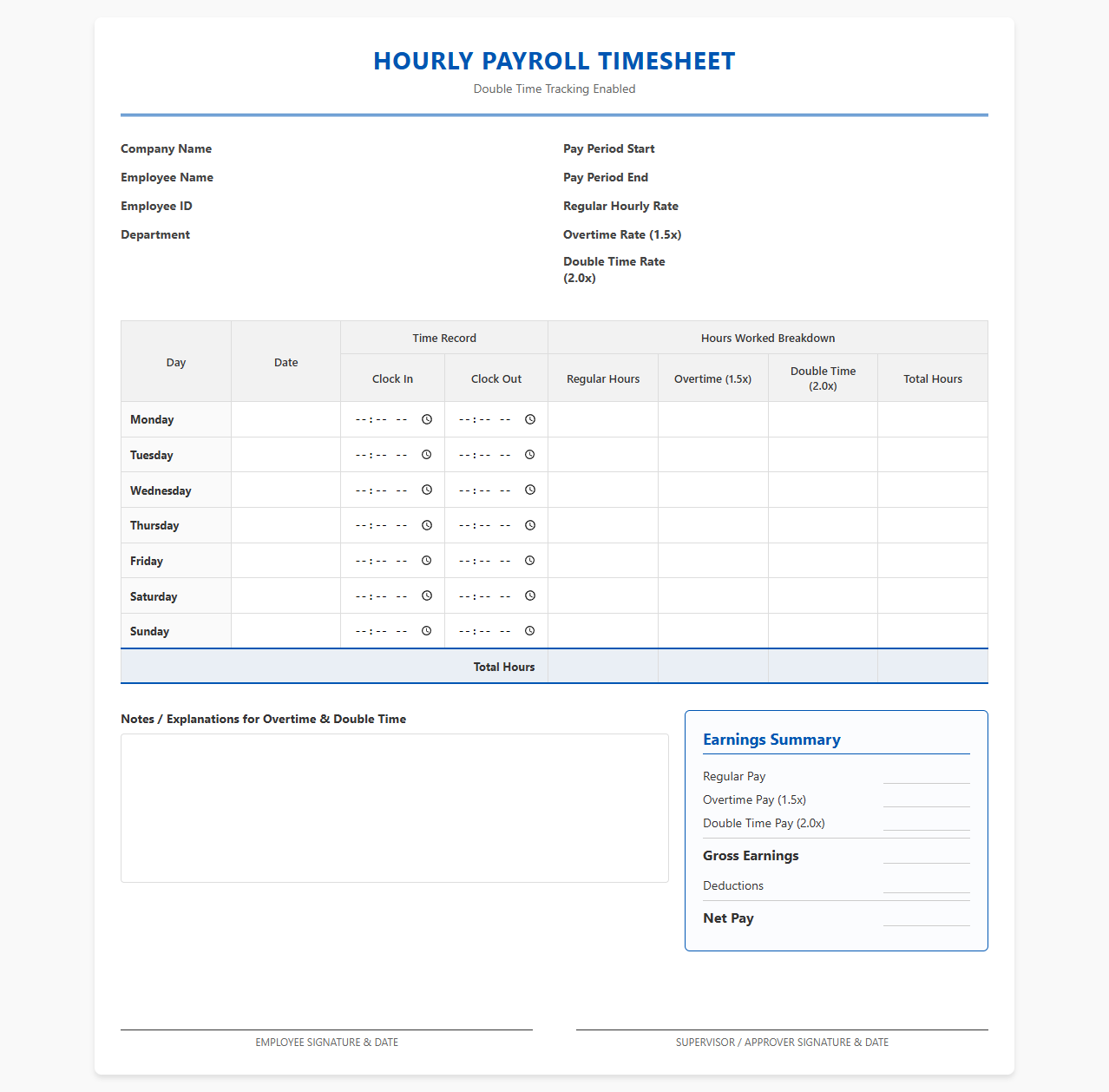 Hourly Payroll Template with Double Time