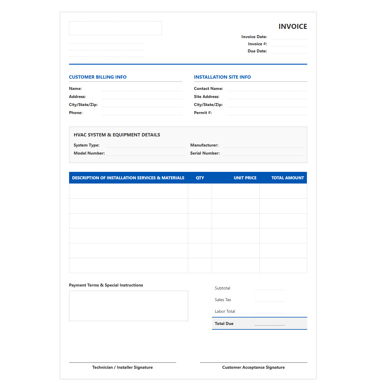HVAC System Installation Billing Invoice