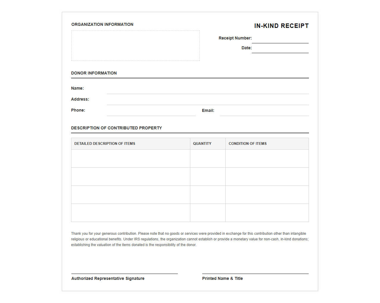 In-Kind Charitable Contribution Receipt Template