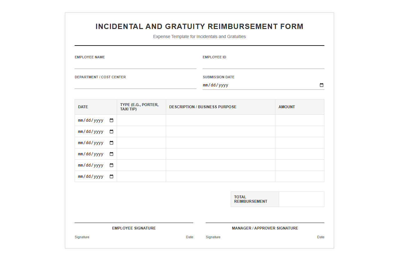 Incidental and Gratuity Reimbursement Form