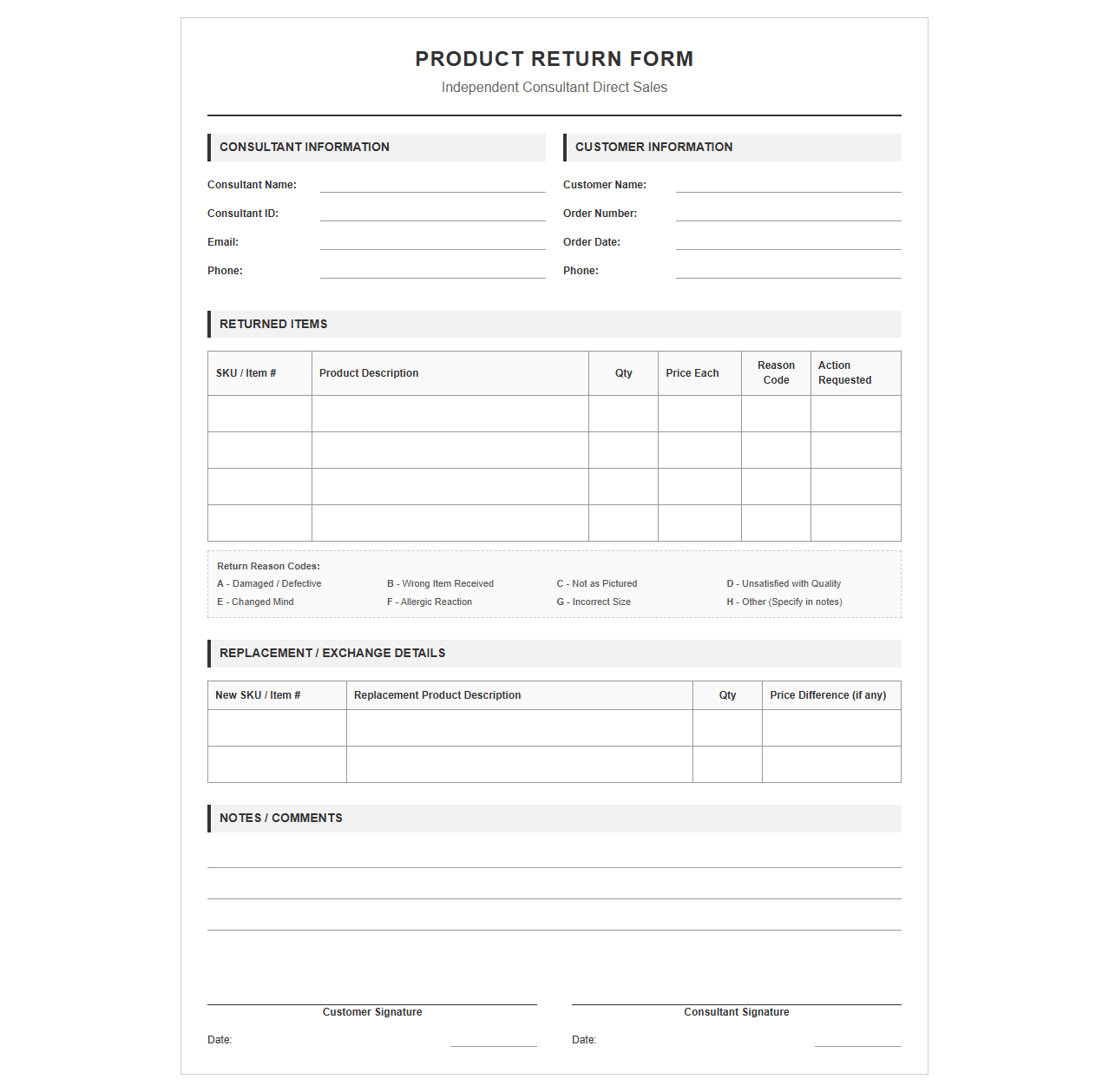 Independent Consultant Product Return Template