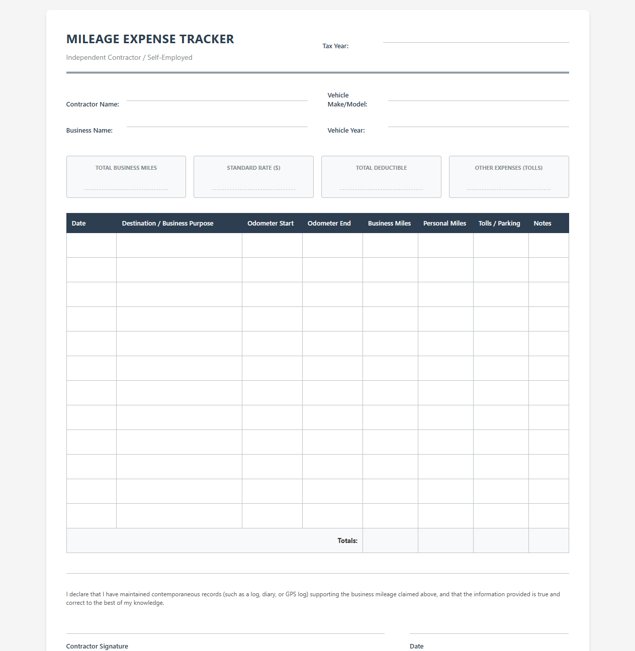 Independent Contractor Mileage Expense Tracker