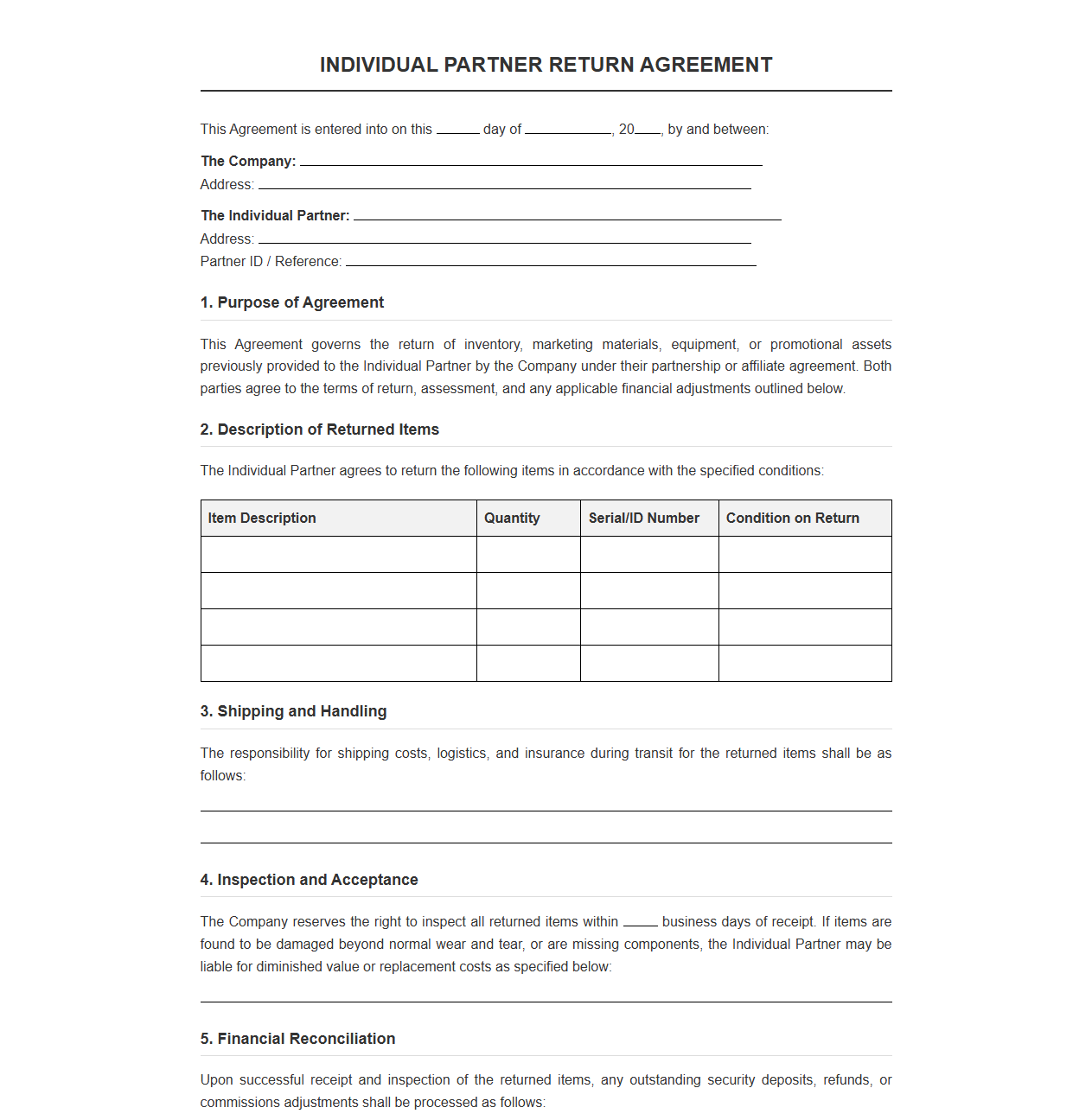 Individual Affiliate Return Agreement Template