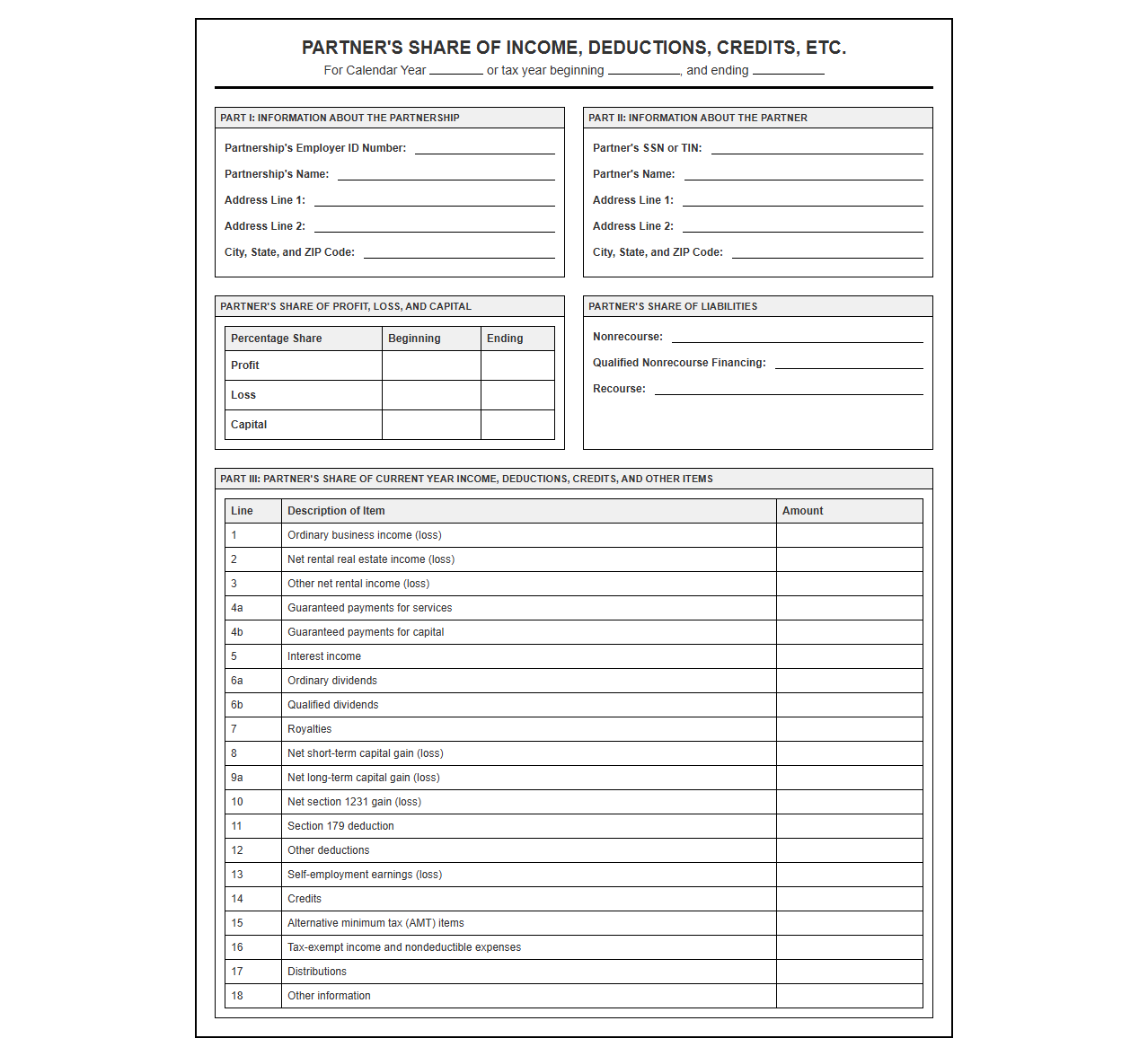 Individual Partner Share of Income Return Template
