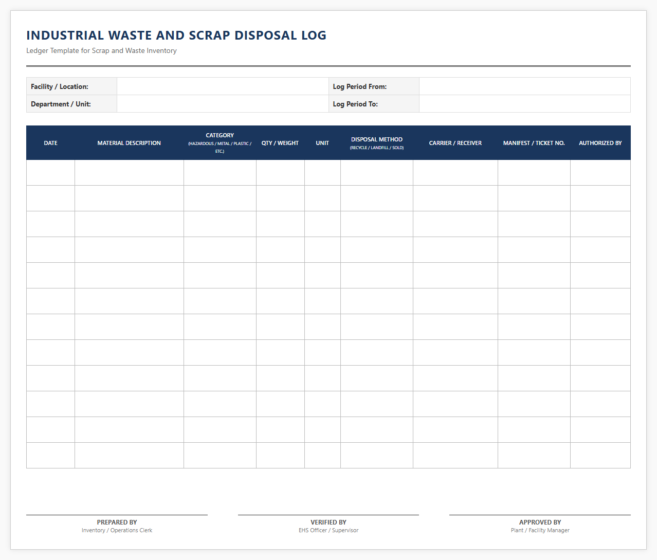 Industrial Waste and Scrap Disposal Log