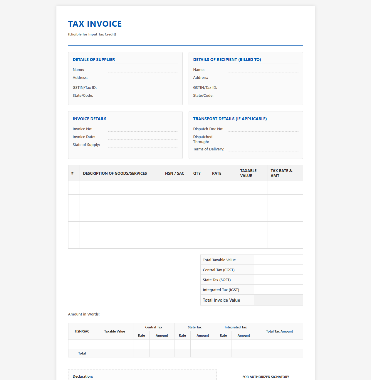 Input Tax Credit Tax Invoice Template